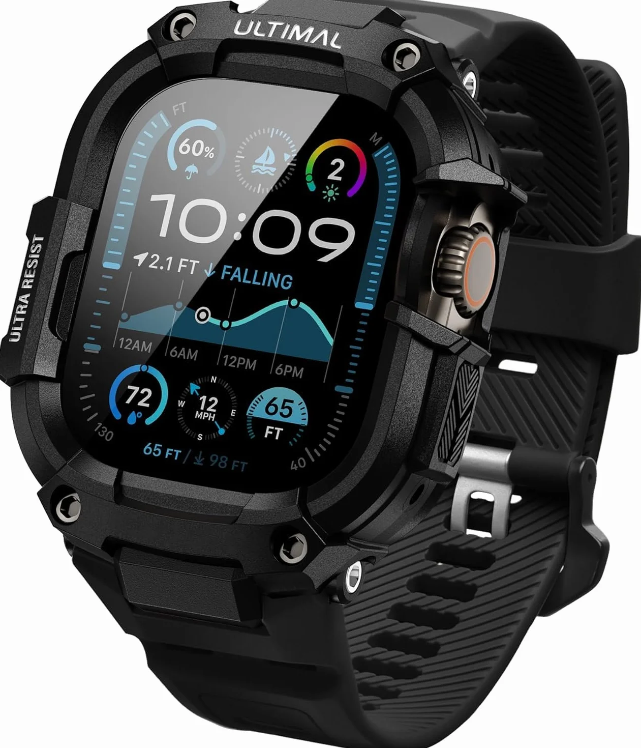 ULTIMAL Pasek kompatybilny z Apple Watch Ultra, 49 mm, z etui typu bumper, regulowany, odporny na uderzenia, wytrzymały silikonowy pasek z tworzywa TPU, do iWatch Series Ultra/Ultra 2, czarny