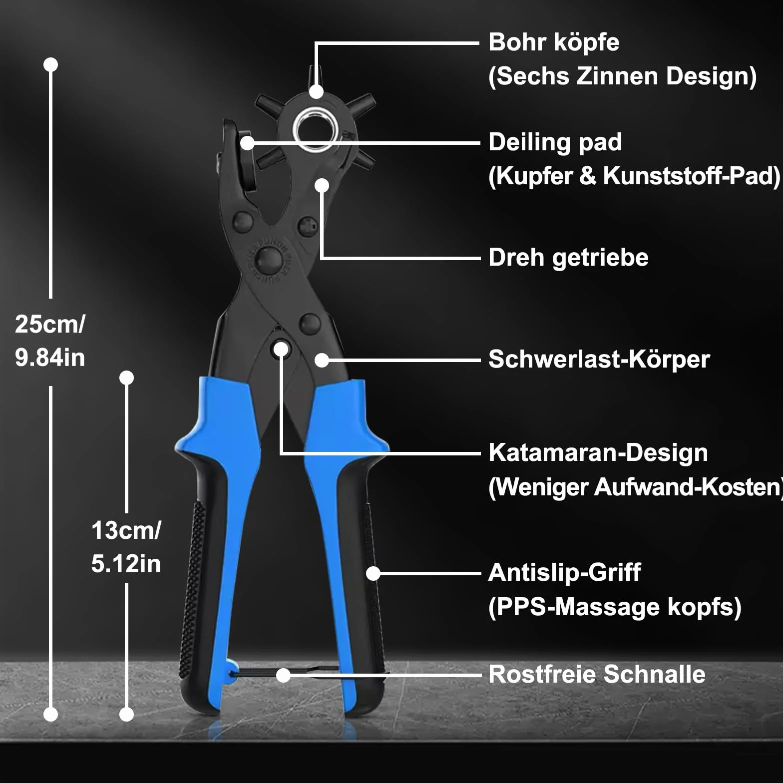 [Pełny Zestaw] Dziurkacz do Skóry, Diyife® Belt Punch, Heavy Duty Revolver Punch Pliers z 2 Dodatkowymi Płytkami i Linijką, Multi Sized Puncher do Pasów, Craft, Card, Rubber, itp.