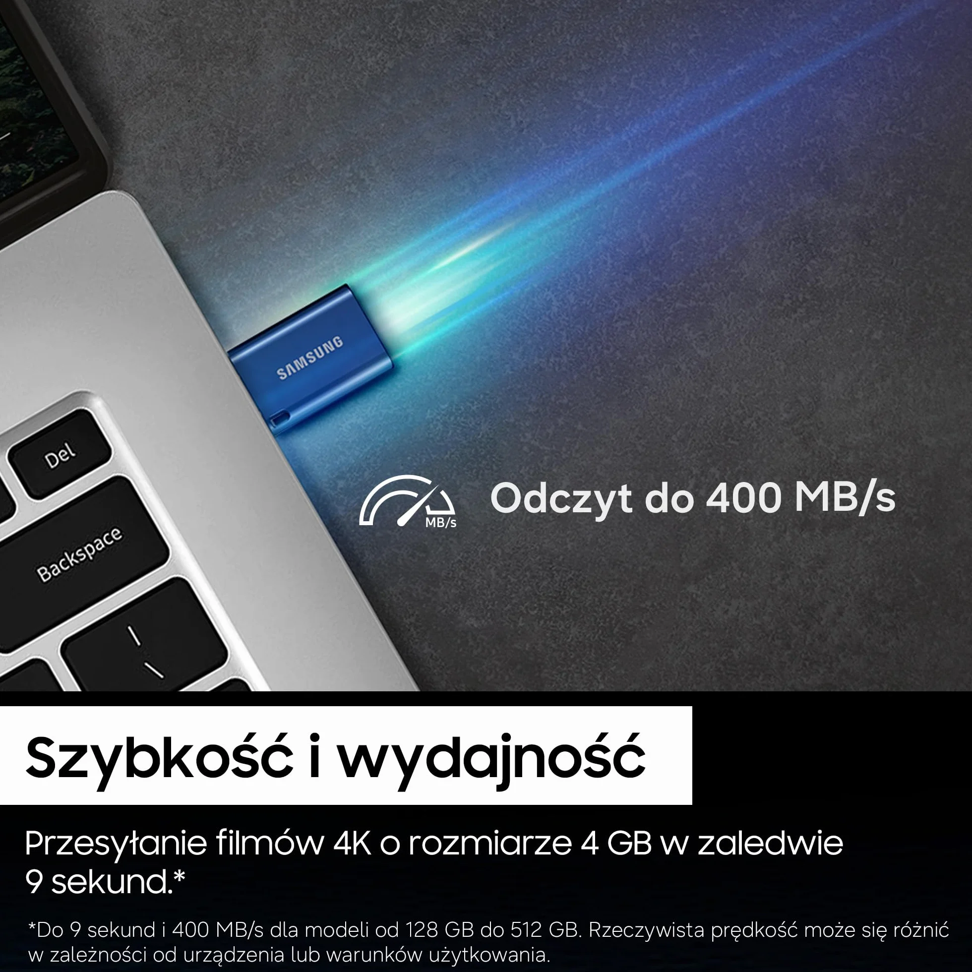 Pendrive Samsung, USB-C, 256 GB, prędkość odczytu 400 MB/s, prędkość zapisu 110 MB/s, pamięć flash USB 3.1 do notebooków, tabletów i smartfonów, niebieski, MUF-256DA/APC