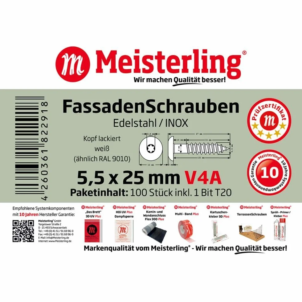 100 x MEISTERLING® śruby fasadowe INOX V4A 5,5 x 25 mm – łeb płaski Torx T20 + 1 bit – biały