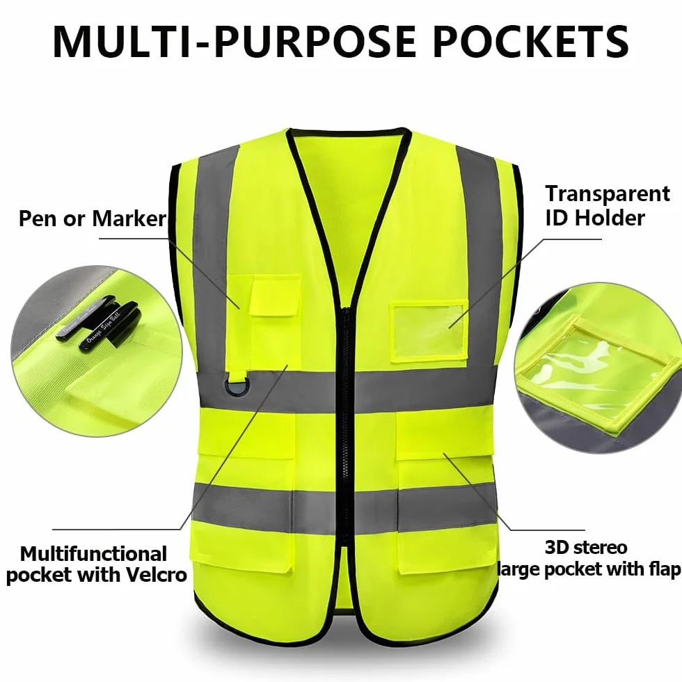 Kamizelki Hi Vis dla kobiet i mężczyzn odblaskowe kamizelki bezpieczeństwa o wysokiej widoczności, oddychające, z zamkiem błyskawicznym, do budowania na zewnątrz, spełniają normę ANSI/ISEA