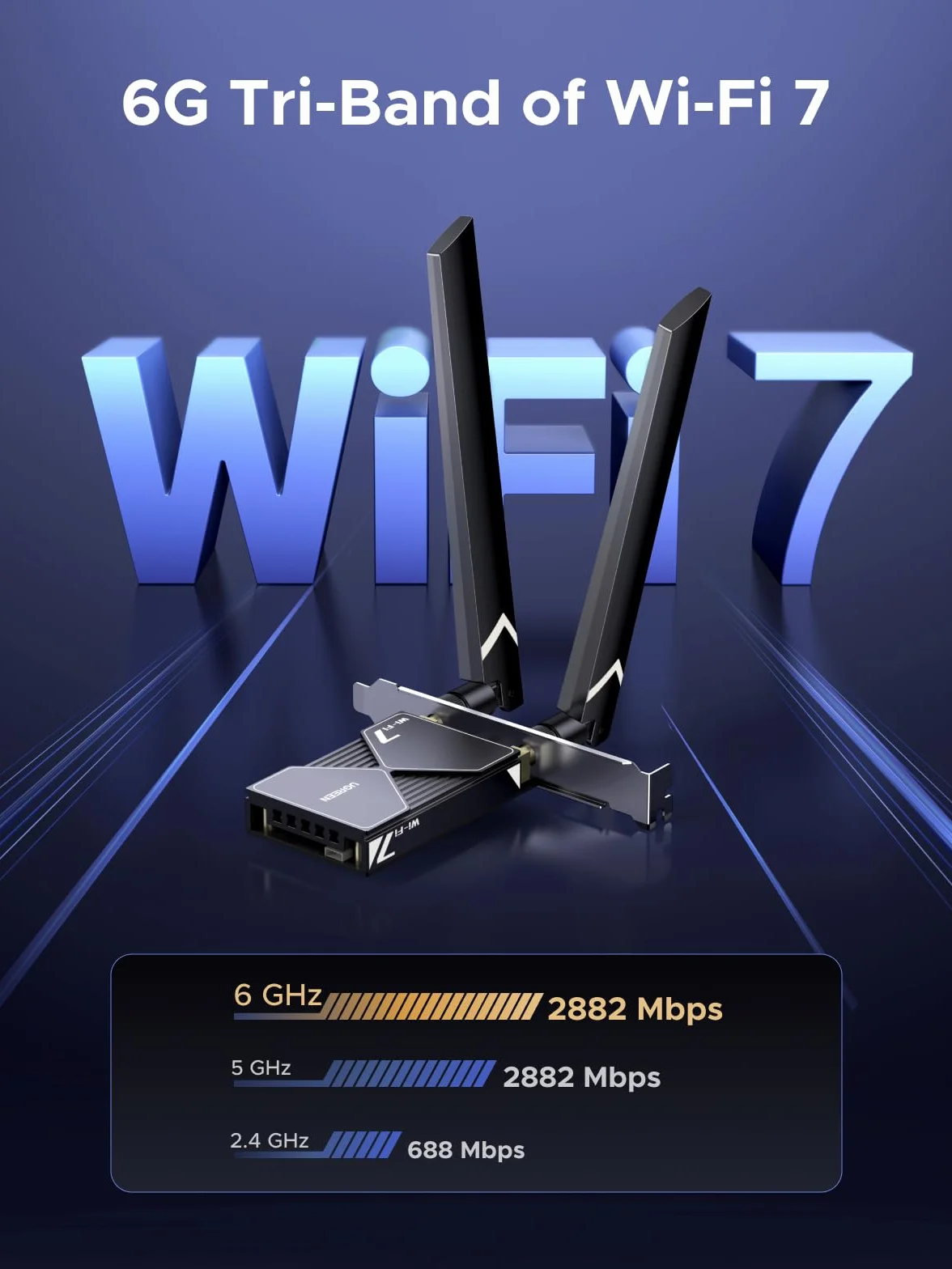 Karta sieciowa UGREEN WiFi 7 BE6500 z Bluetooth 5.4, pasmem 6 GHz, obsługą wielu łączy, WPA3, kartą sieciową z antenami 2x6dBi, kartą sieciową PCIe kompatybilną z systemem Windows 11.