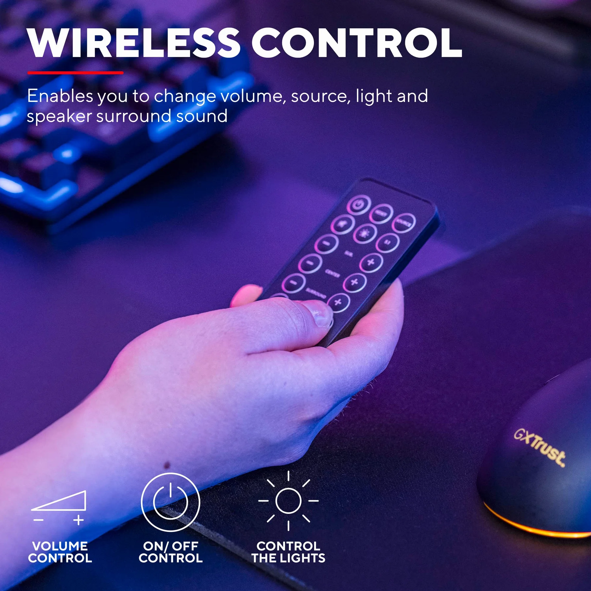 Trust Gaming GXT 658 Tytan Gamer 5.1 głośnik PC, z subwooferem do komputera (180 W), podświetlana dioda LED, bezprzewodowy pilot zdalnego sterowania, głośnik PC, laptop - czarny/niebieski