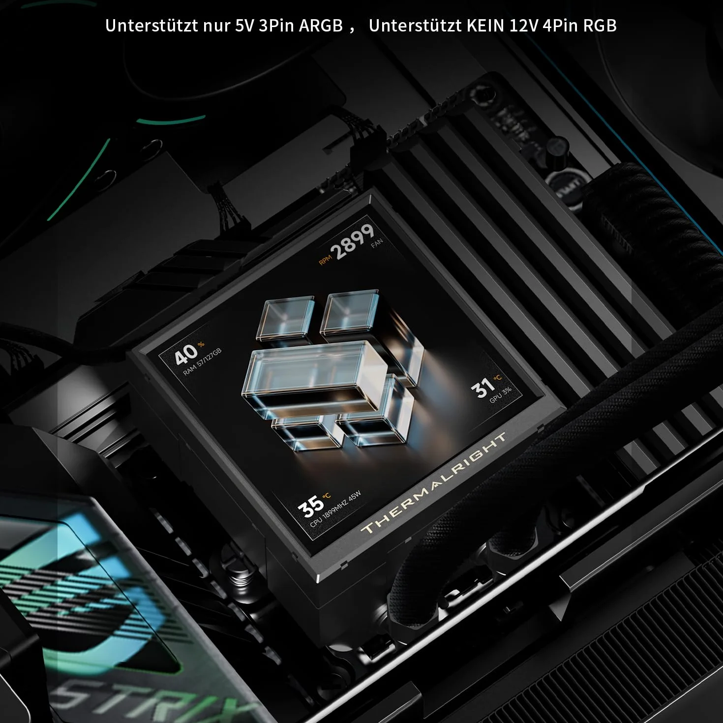 Thermalright-TR Peerless Vision 360 UB ARGB Black CPU Aio chłodnica, specyfikacja 360, system chłodzenia wody z wentylatorami wewnętrznymi, ekran LCD IPS o rozdzielczości 480 x 480, do AM4/AM5; Intel
