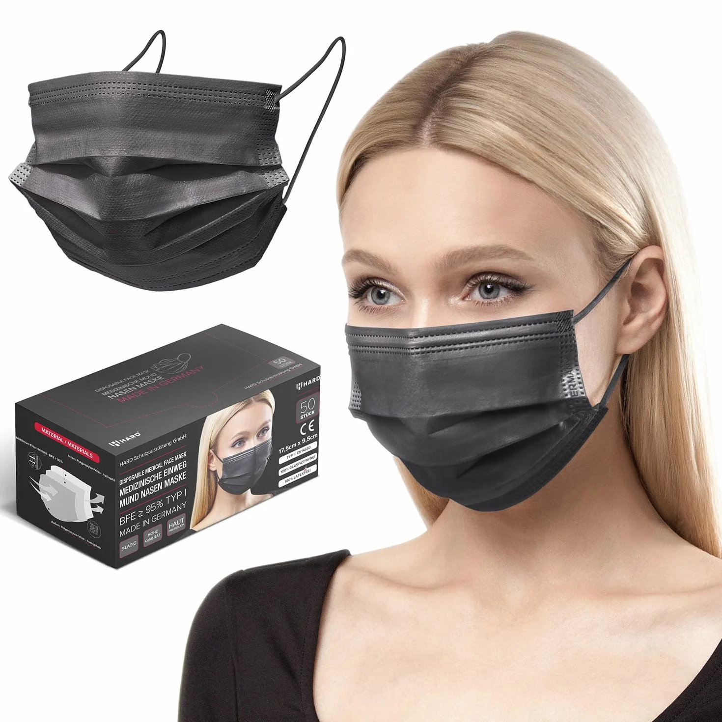 HARD 50 x maska chirurgiczna | Made in Germany | Oeko-Tex Standard 100 | medyczna ochrona jamy ustnej | MNS typ II | wysokiej jakości ochrona dróg oddechowych | 3-warstwowe | jednorazowe maski na