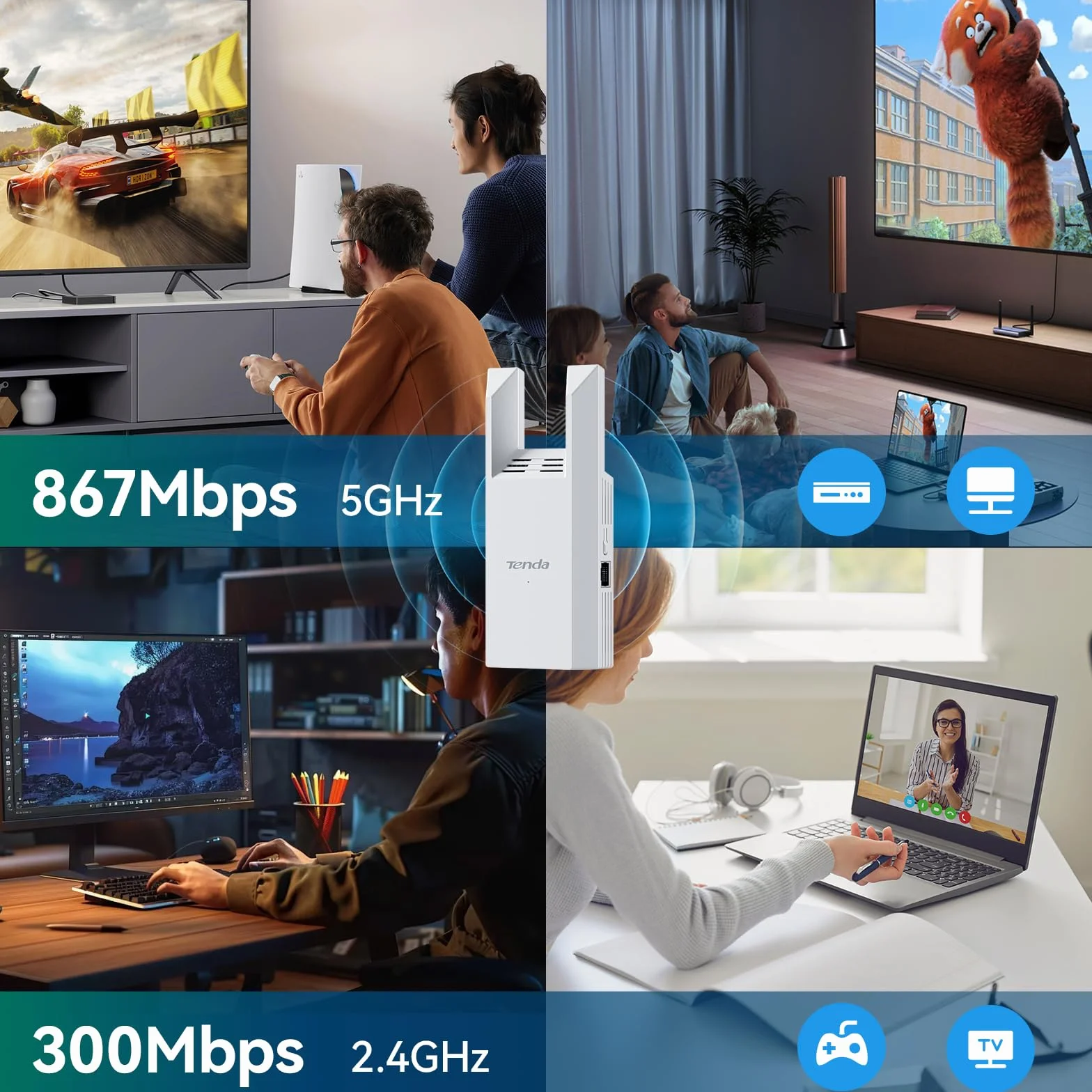 Tenda A18 Pro AC1200 Mb/s dwuzakresowy wzmacniacz Wi-Fi, funkcja wzmacniacza i punkt dostępowy 5 GHz/2,4 GHz z portem Gigabit LAN, inteligentny sygnał LED, przycisk WPS, bezpieczeństwo WPA2