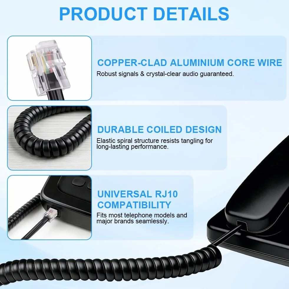 Słuchawki telefoniczne, spiralny kabel do słuchawek RJ10, 2 sztuki, 3 m, kabel do słuchawek z wtyczką modułową 4P4C, do telefonów stacjonarnych, kompatybilny z NEC, Rolm, ITT, Tie itd.