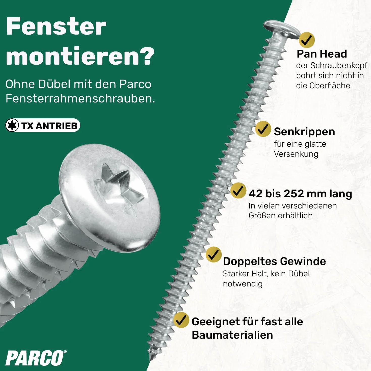 PARCO Śruby do ram okiennych z okrągłą główką 7,5 x 182 mm | Pan Head | do budowy okien | TX30 100 sztuk