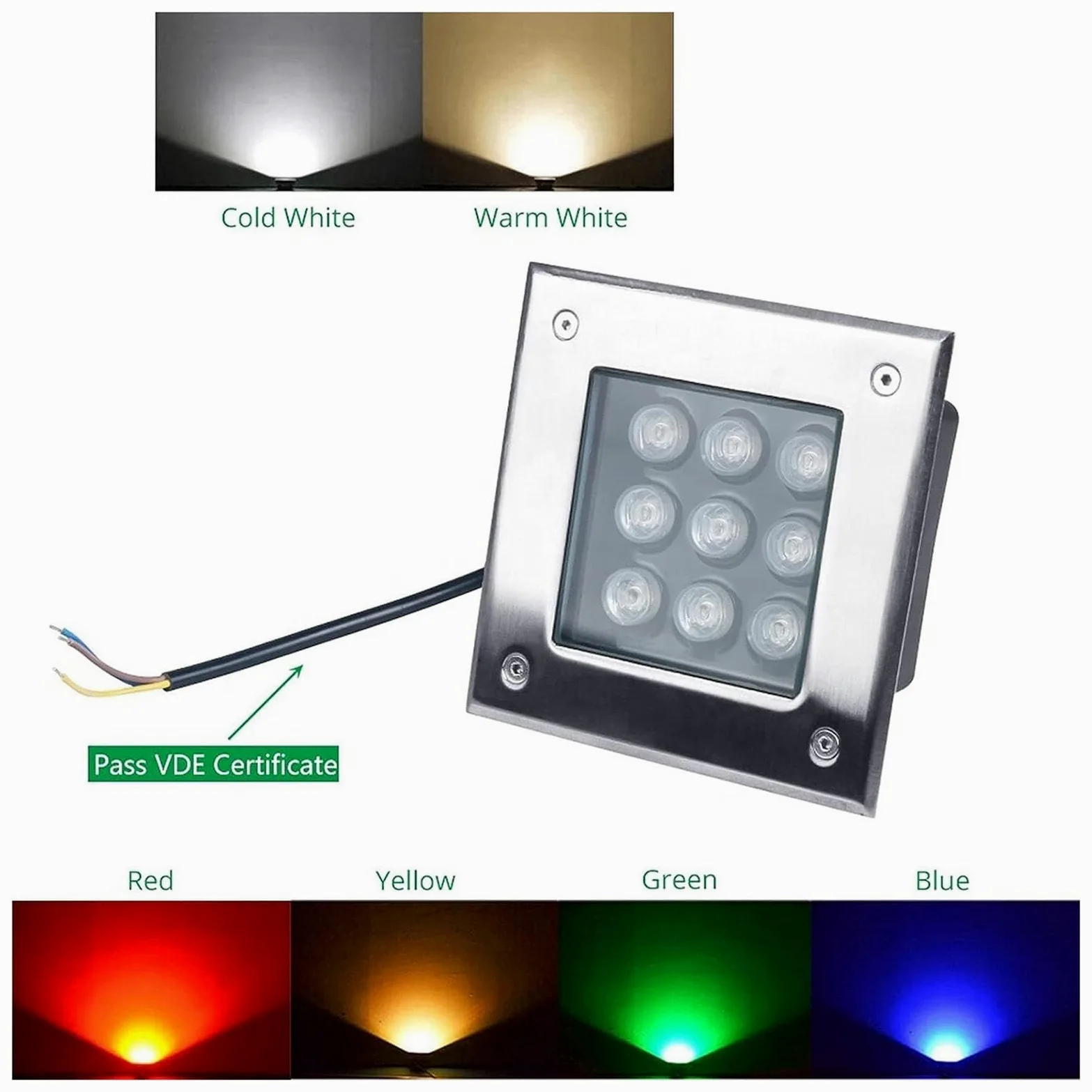 Kwadratowy reflektor LED do ogrodu - zewnętrzna lampa wpuszczana, wodoodporna IP67, oświetlenie ścienne i podłogowe niskiego napięcia 12 V (zielone światło, 12 W)