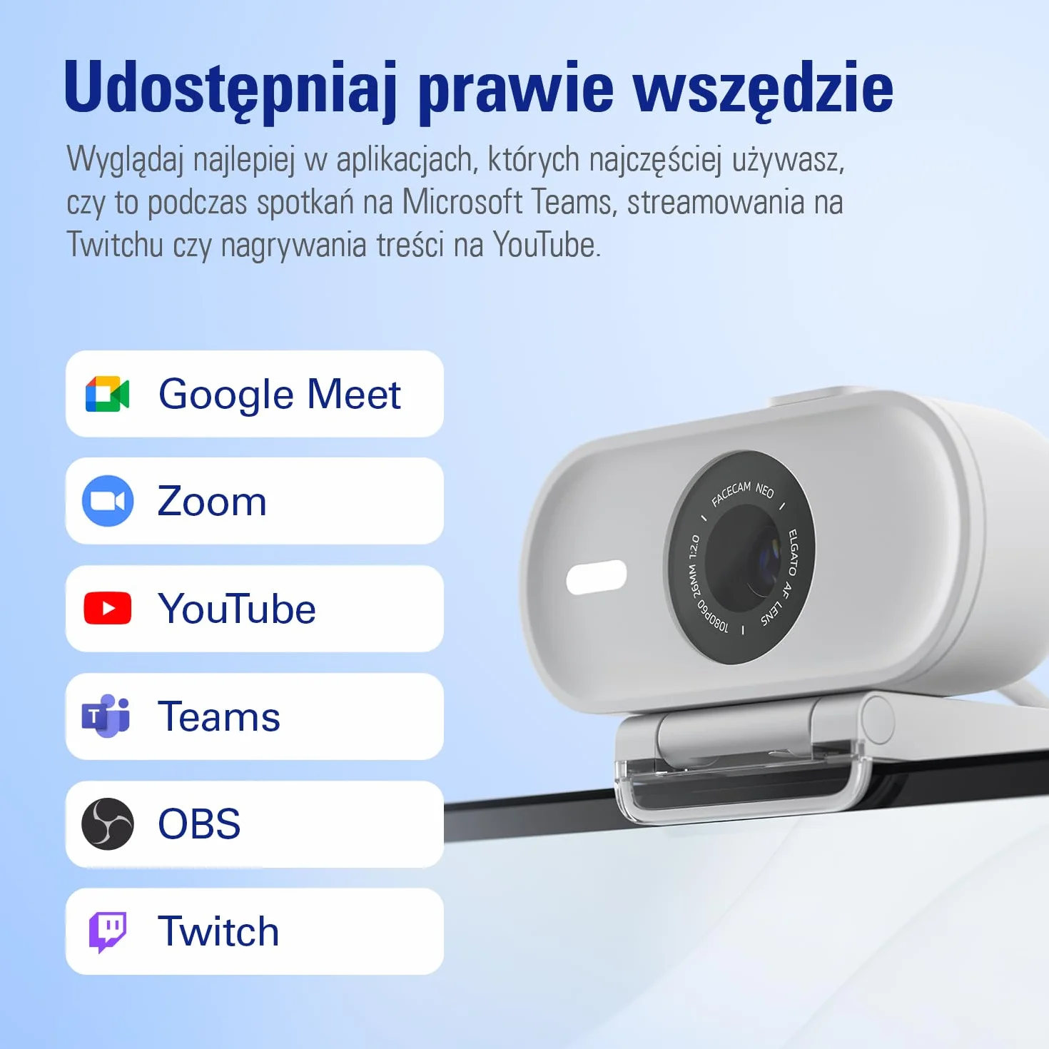 Elgato Facecam Neo – kamera internetowa Full HD z przesuwaną osłoną prywatności, korekcja światła, do wideorozmów, transmitowania, Teams/Zoom/Slack/OBS/Twitch/YouTube – USB-C/Plug & Play PC/laptop/Mac