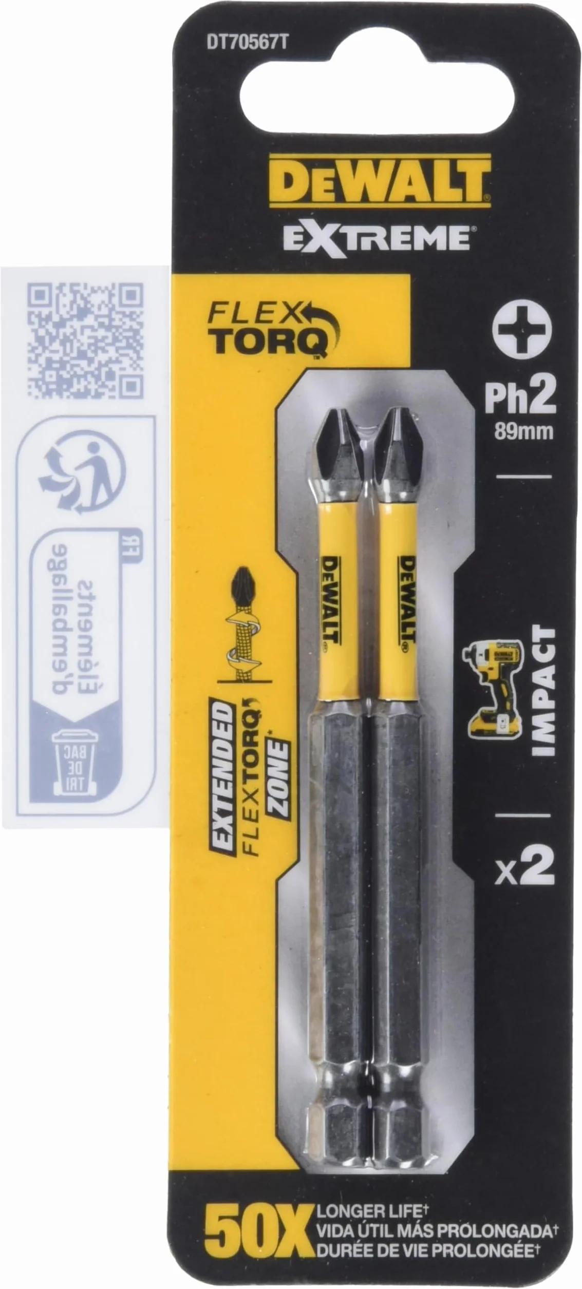 Dewalt Extreme Flextorq DT70567T bity udarowe, 89 mm, nadają się do stosowania w wkrętarkach udarowych, rozmiar PH2, wysoka dokładność dopasowania), 2 sztuki