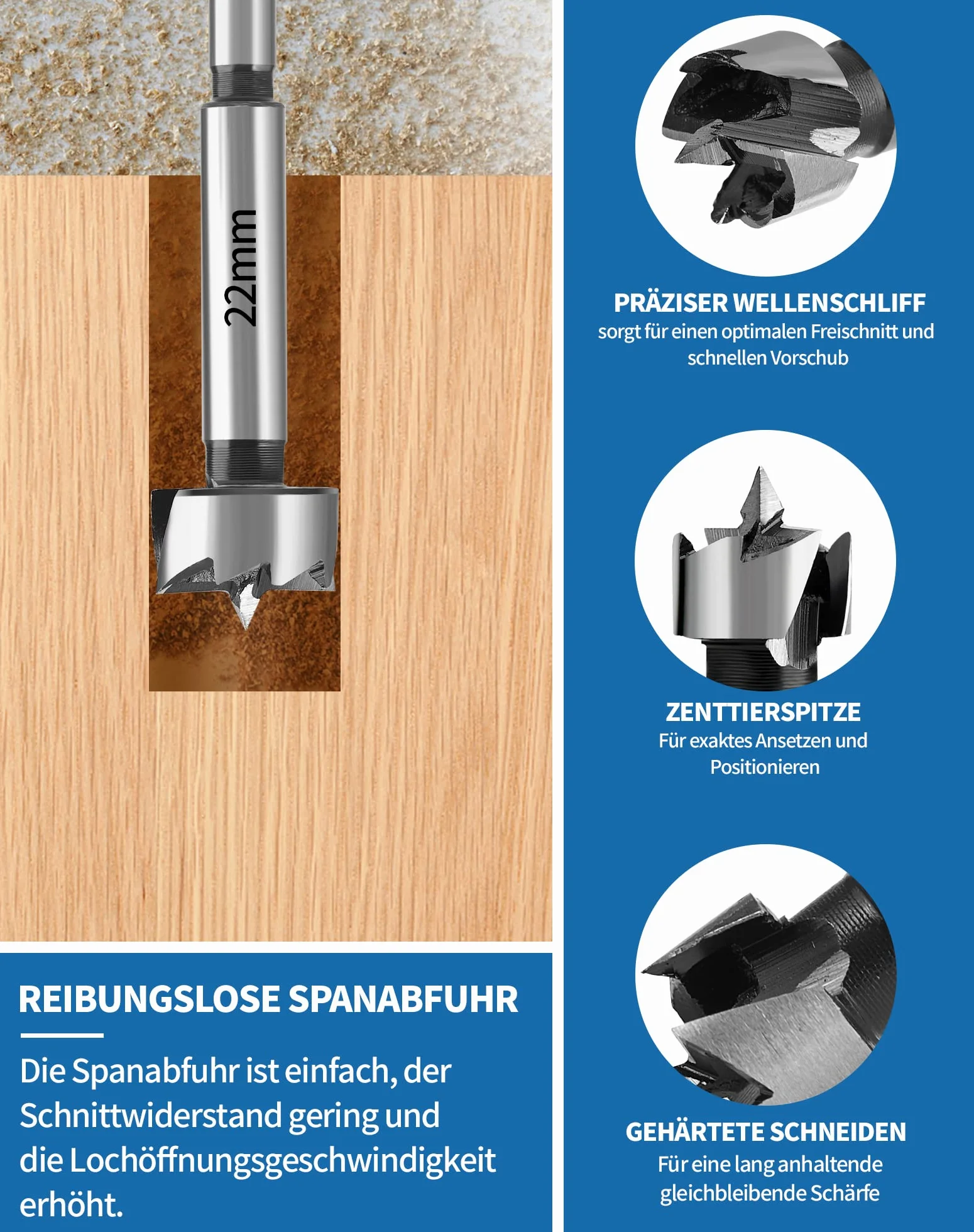 Wiertło Forstnera 22 mm LAOYE Forstner do drewna i tworzywa sztucznego, Ø 22,0 mm, bity Forstnera z okrągłym trzonkiem – profesjonalne nasadki wiertnicze z okrągłym trzpieniem, długość 90 mm,