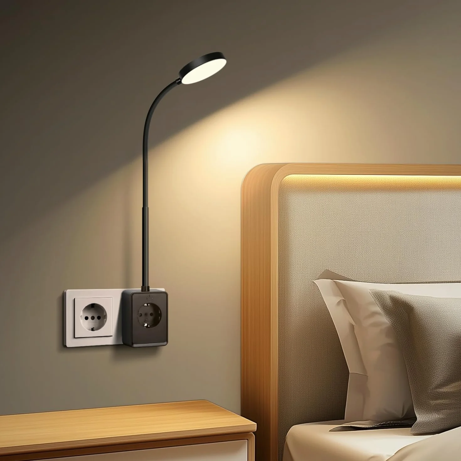 Aigostar Lampka do Czytania LED do Kontaktu - Kinkiet z Gniazdem Elektrycznym 230V, Porty USB A i Typu C, Sterowanie Dotykowe, 3 Barwy Światła, Elastyczne Ramię 360°, do Sypialni, Czarny