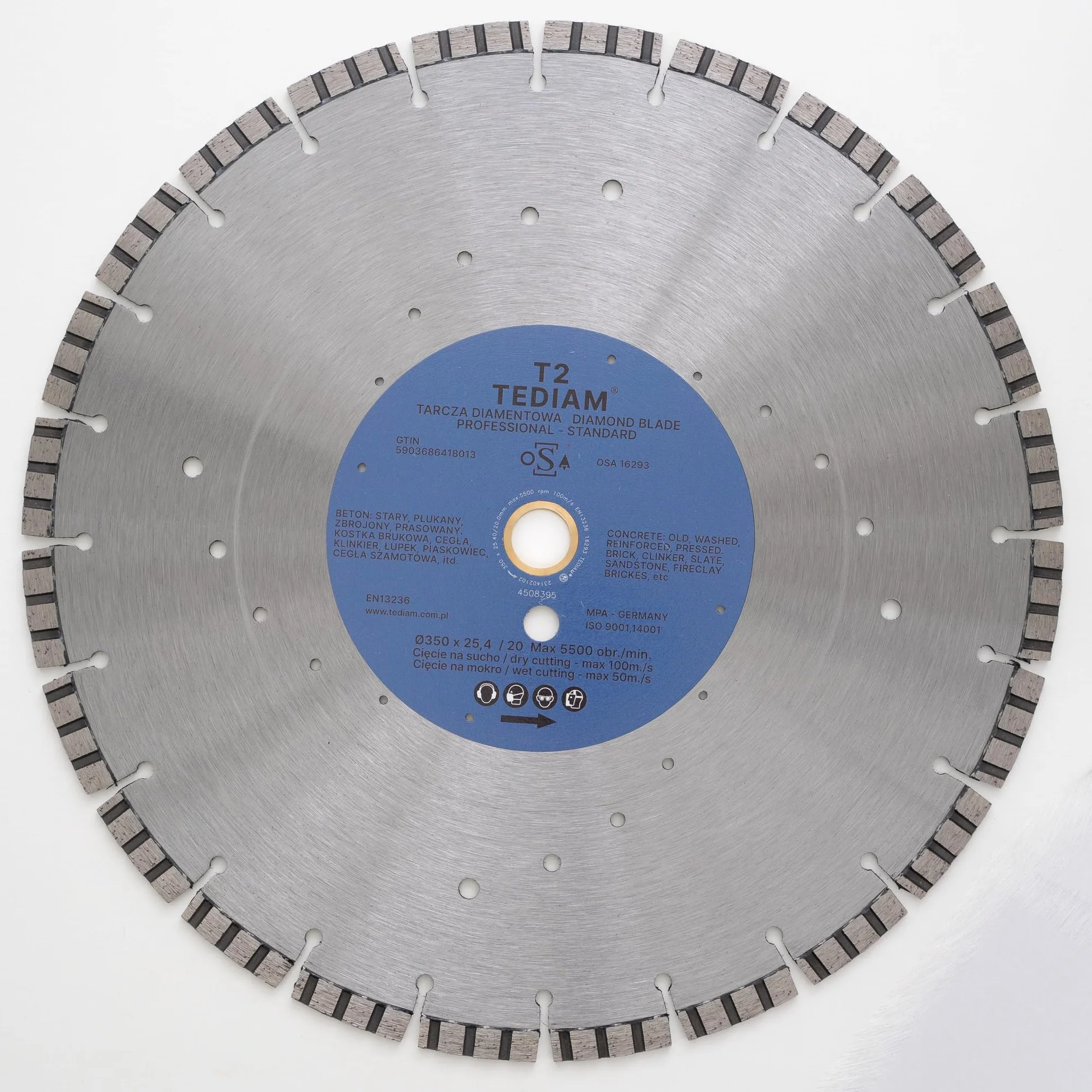 TEDIAM T2 Diamentowa Tarcza Tnąca, Do Betonu/Granitu/Kostki Brukowej, 350x25.4mm, Premium, Segmentowa, 12mm Wysokość Segmentu, 3.6mm Grubość, 3kg