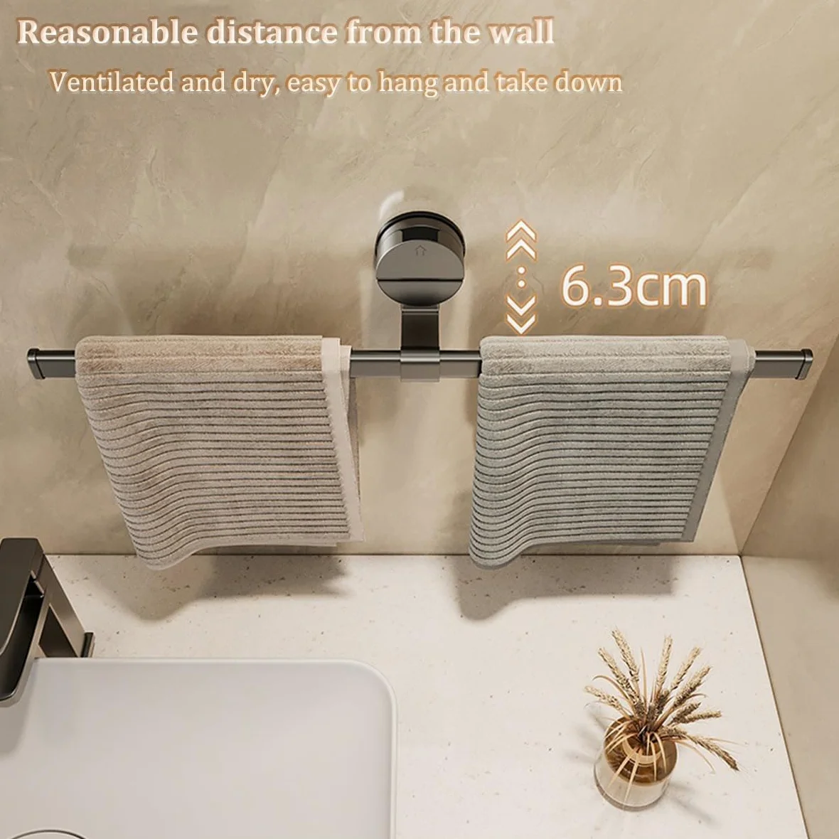 Wieszak na ręczniki bez wiercenia do łazienki i kuchni - 50 cm kosmiczny aluminiowy wieszak na ręczniki, uchwyt na ręczniki z przyssawką, trwały wieszak na ręczniki, łatwy w instalacji drążek na