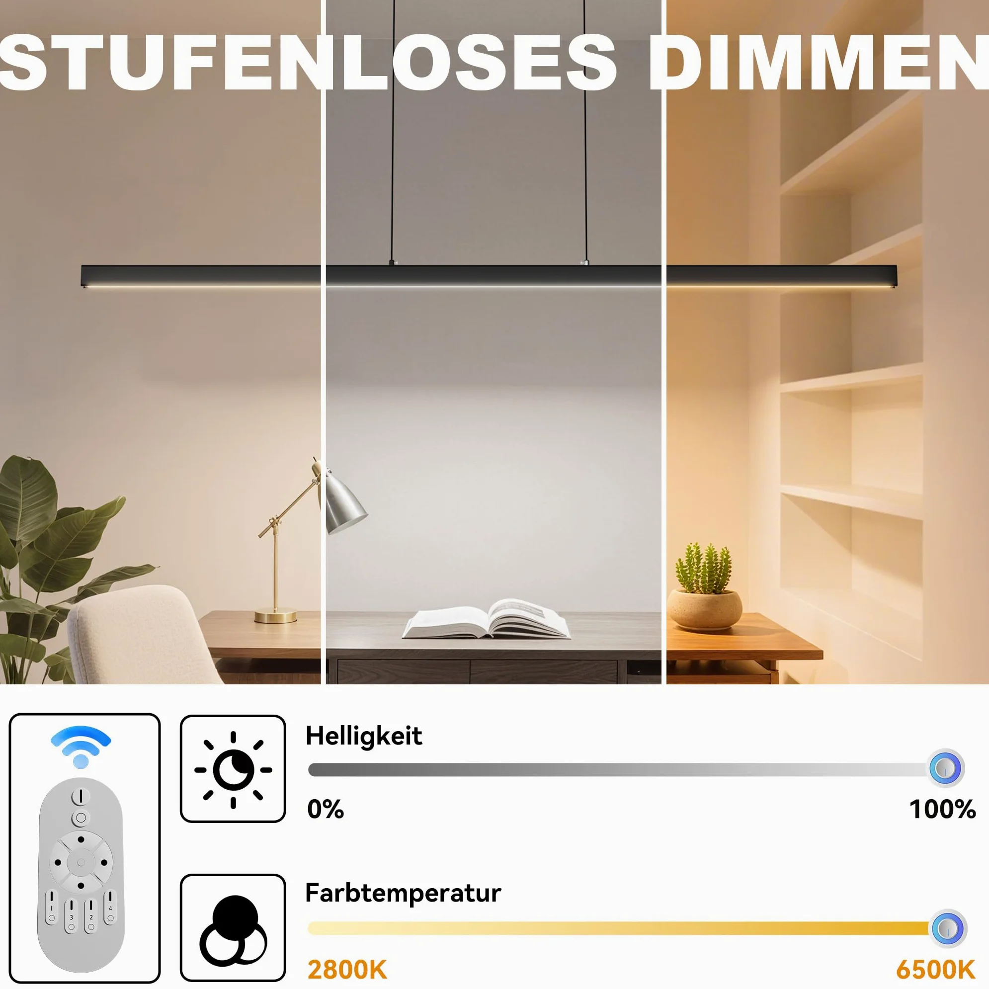 YRHome Nowoczesna lampa wisząca LED, 60 W, ściemniana, z regulacją wysokości, lampa wisząca z pilotem zdalnego sterowania, liniowa konstrukcja, lampa sufitowa do salonu, kuchni, sypialni, biura