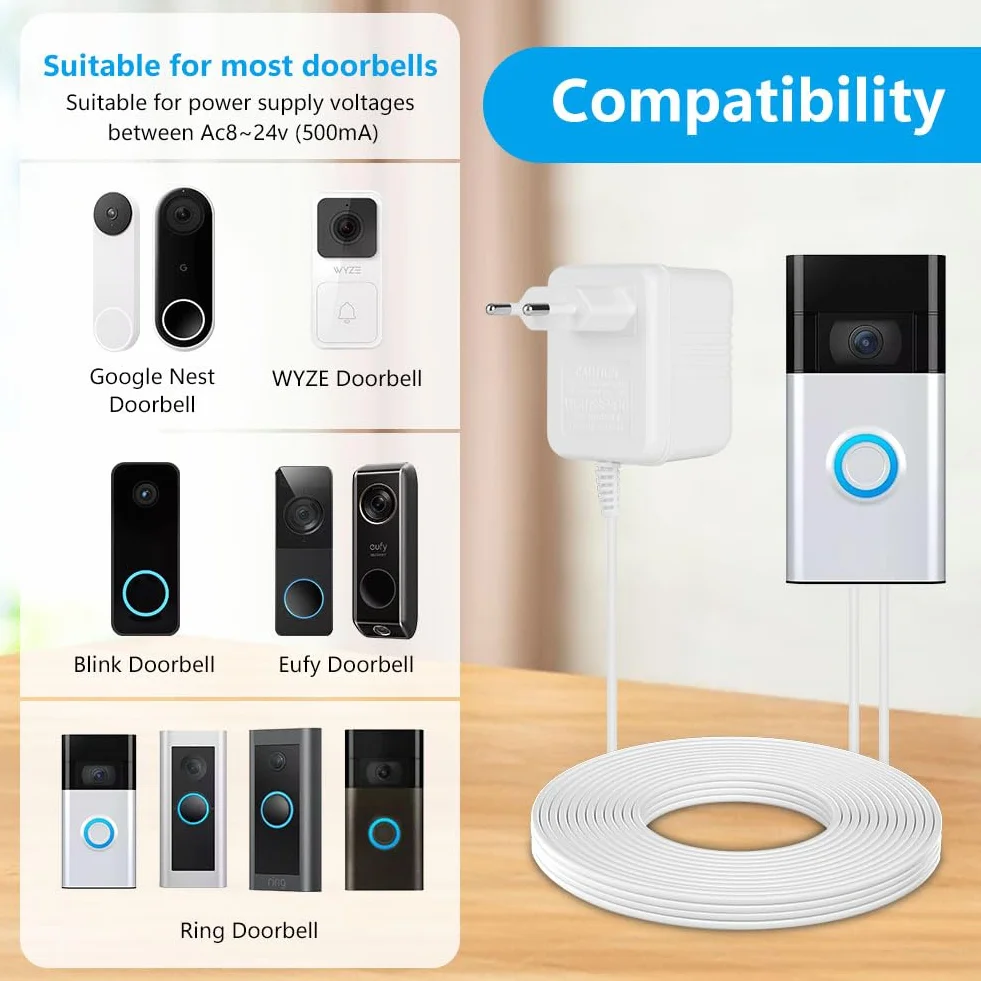 Transformator dzwonka do drzwi, 24 V, 500 mA, transformator, wideo-dzwonek do drzwi, zasilacz do większości wersji Ring Doorbell, kabel o długości 8 m (315")