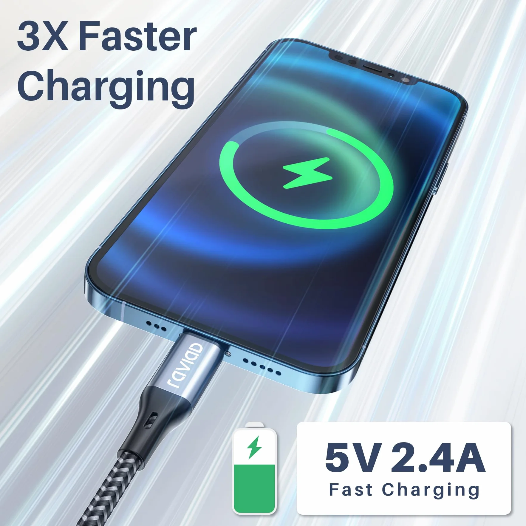 RAVIAD Kabel Lightning 3m MFi oplatany nylonem szybkie ładowanie iPhone 13 12 11 Pro Max Xs X XR 8 7 6s 6 SE 5 5s 5c szary