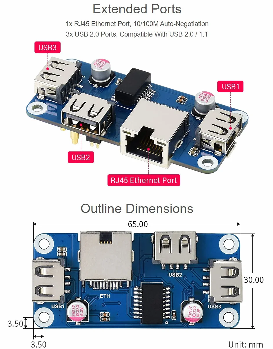 Waveshare Ethernet/USB HUB HAT (B) for Raspberry Pi Series 1x RJ45 3X USB 2.0