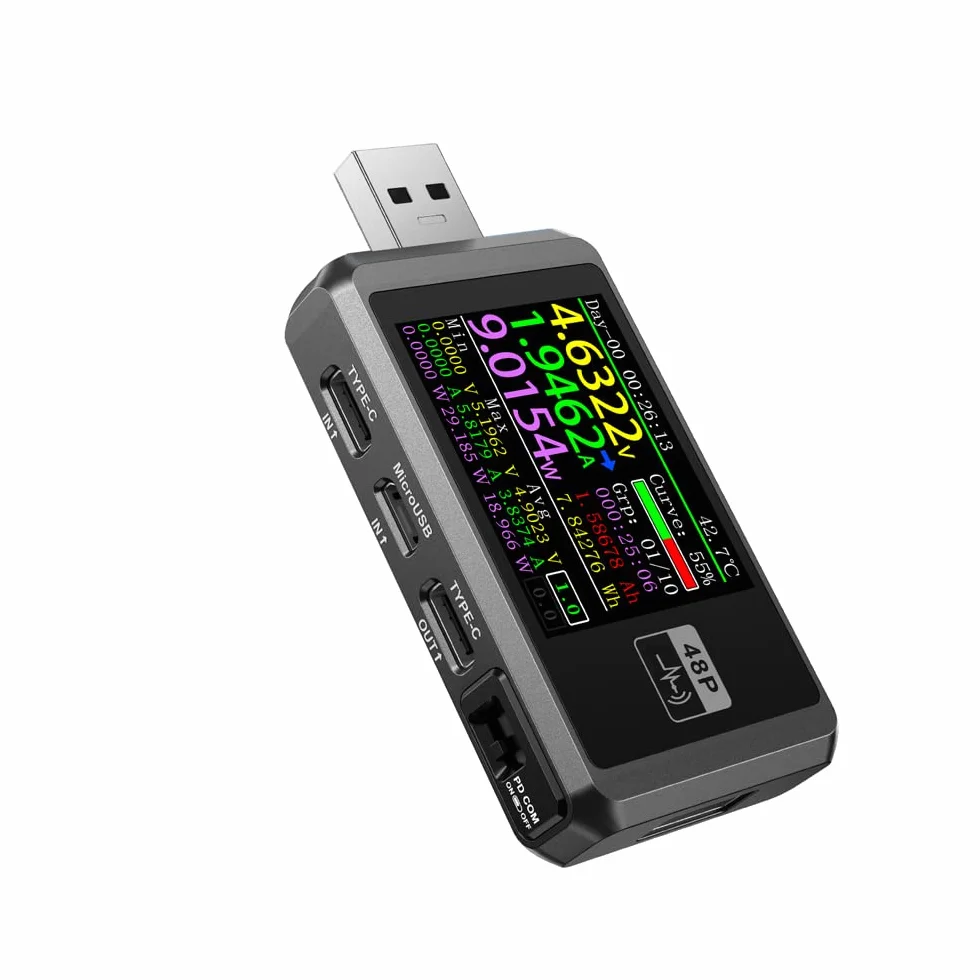 Domary Urządzenie ładujące USB Typu C 6-cyfrowy Tester Wyświetlacza Wielofunkcyjny Woltomierz Amperomierz z Ekranem o Przekątnej 1,77 Cala Wykrywanie Kabli Pomiar Rezystancji