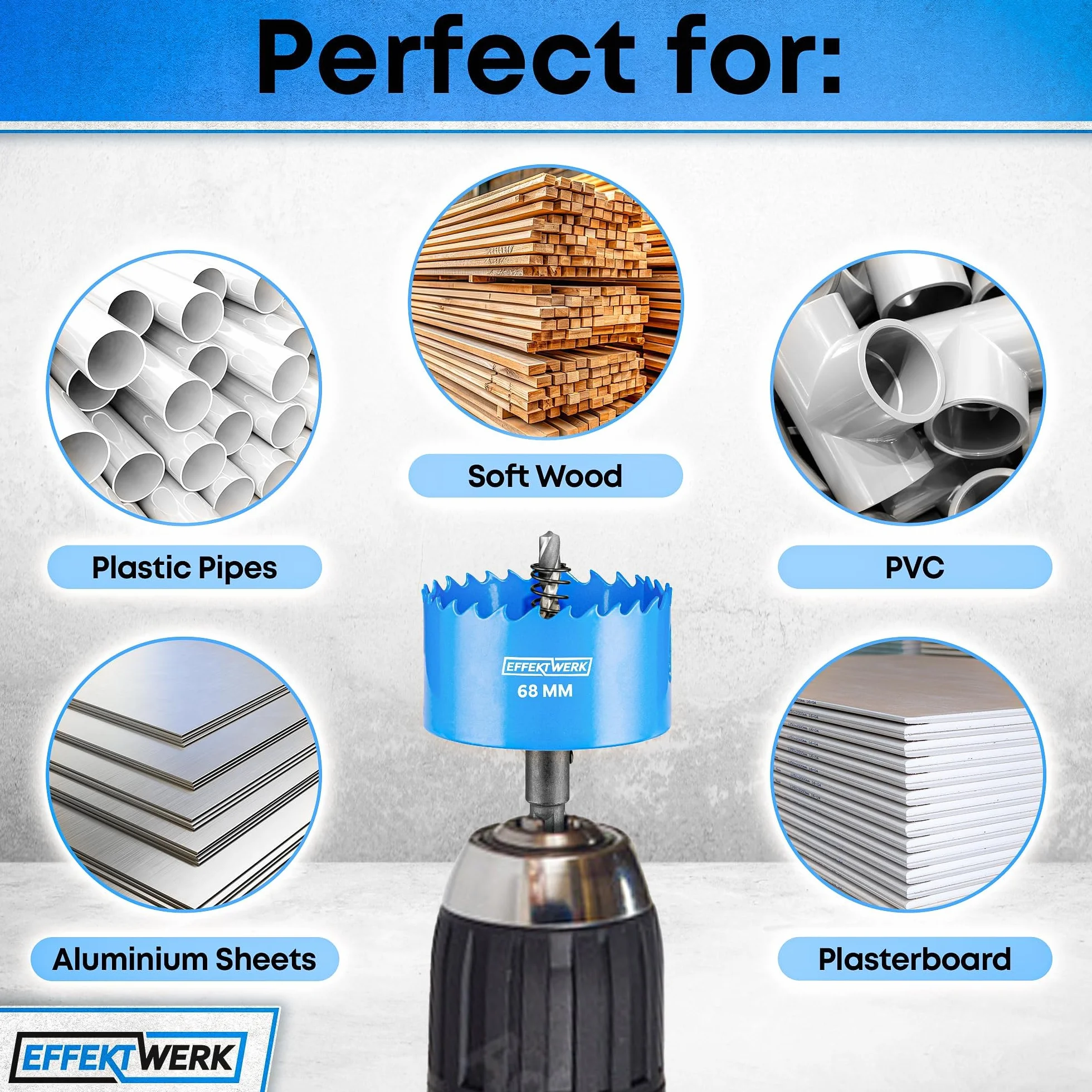 Hole Saw Drill Bit - 68mm - Includes 3 Centre Drills, Hex Key & Drill Adapter - Perfect for Soft Wood & PVC