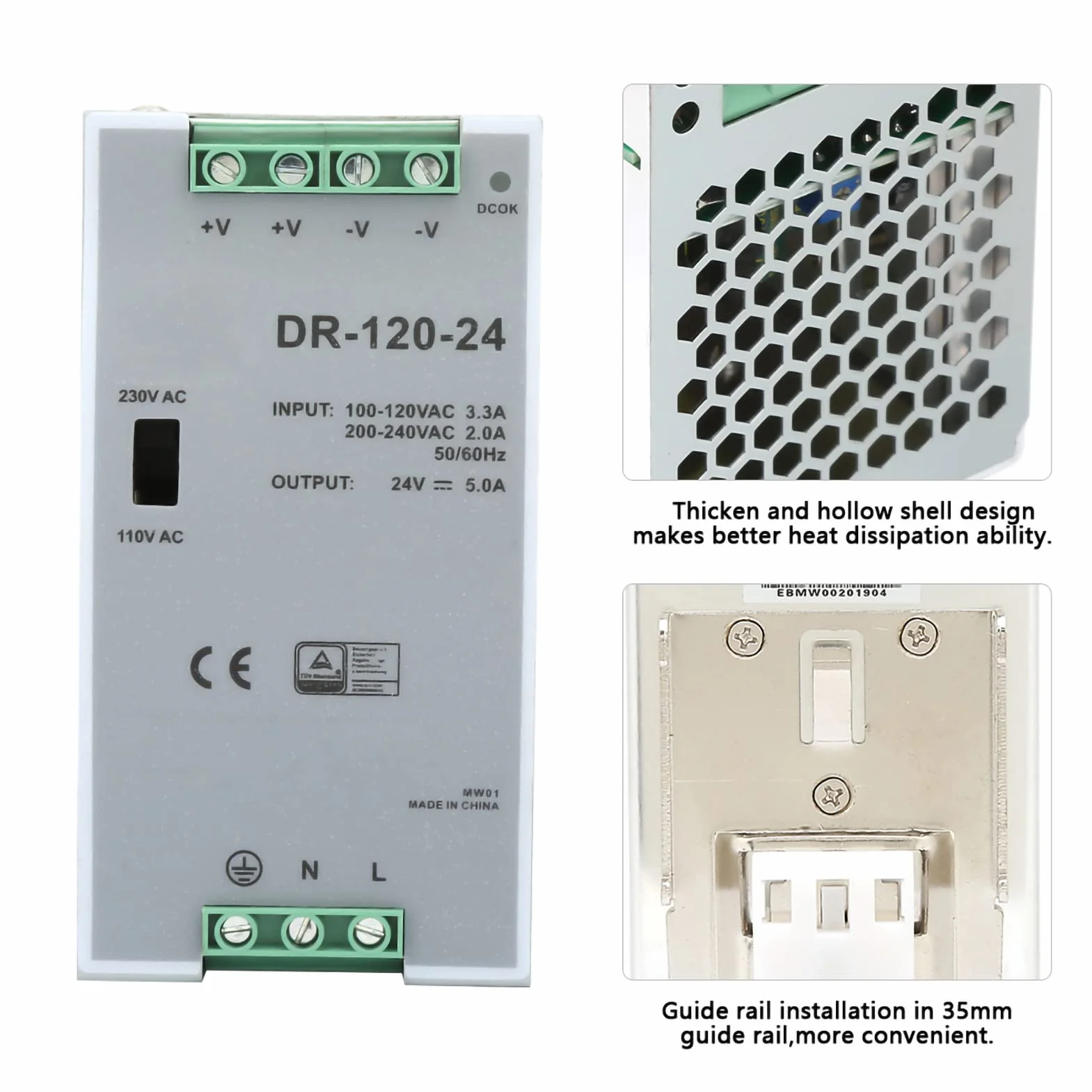 100~240 V 24 V 5 A 35 mm DIN-szynowy zasilacz impulsowy wydajna szyna AC/DC przemysłowa DIN, 120 W, źródło prądu modulacja szerokości impulsów dla przemysłu