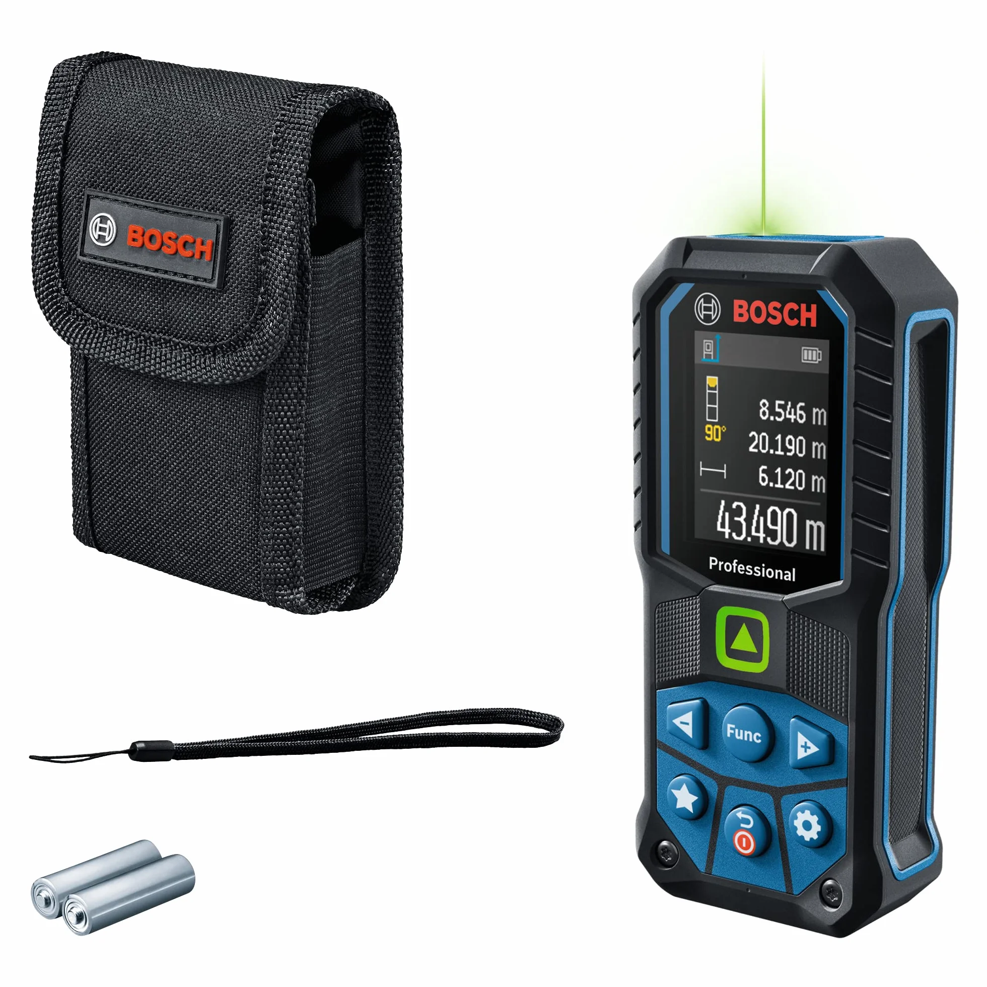 Bosch Professional Dalmierz laserowy GLM 50-23 G (zielona wiązka, czujnik nachylenia, zasięg: do 50 m, wytrzymałość, IP65, dokładność ±1,5 mm*, 2 baterie AA, opaska na rękę, pokrowiec)