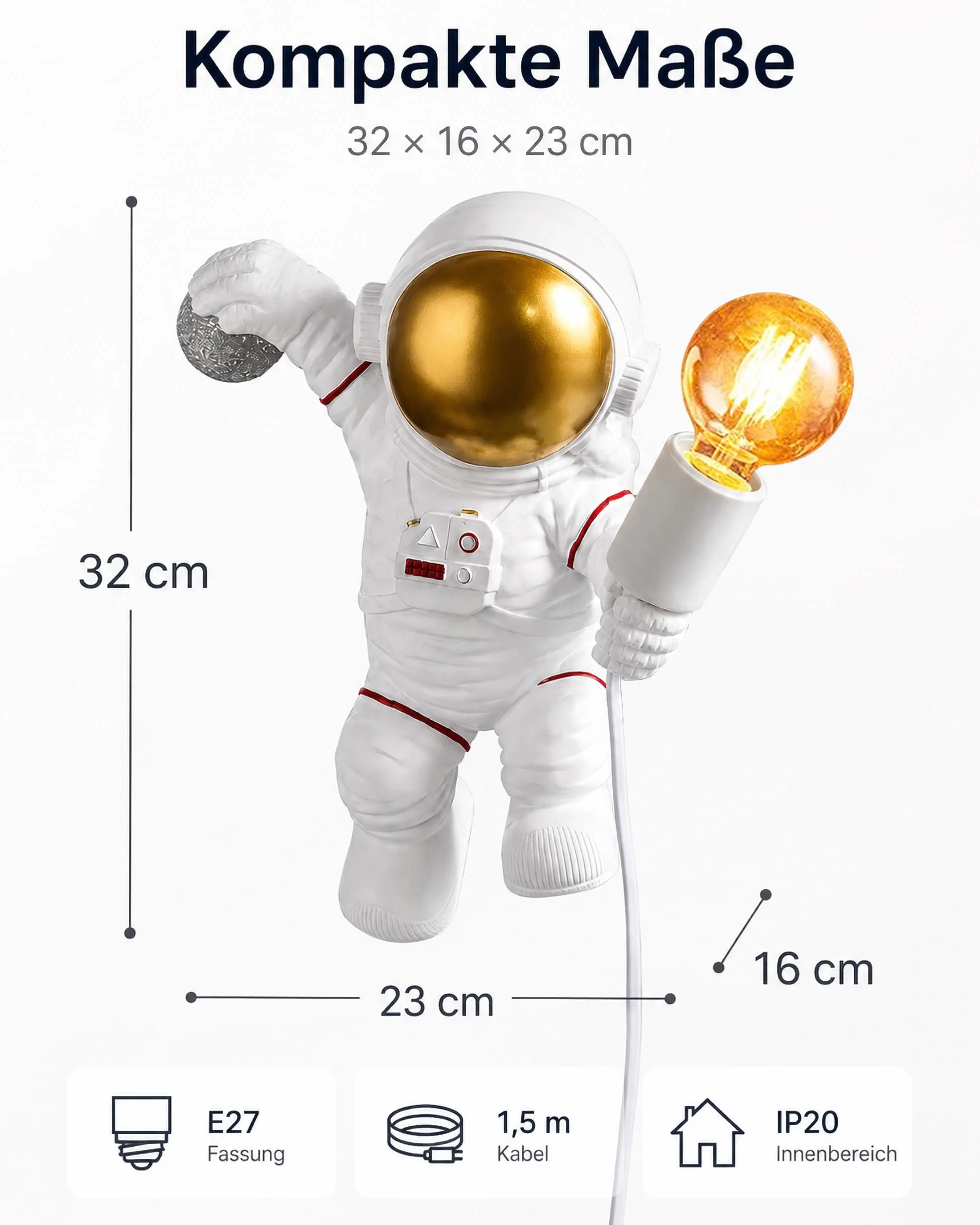 ACMHNC Kinkiet dziecięcy z wtyczką i przełącznikiem, astronautów lampa ścienna do pokoju dziecięcego z kablem 1,5 M, oświetlenie ścienne w pomieszczeniach dla chłopców i dziewcząt, E27, biała