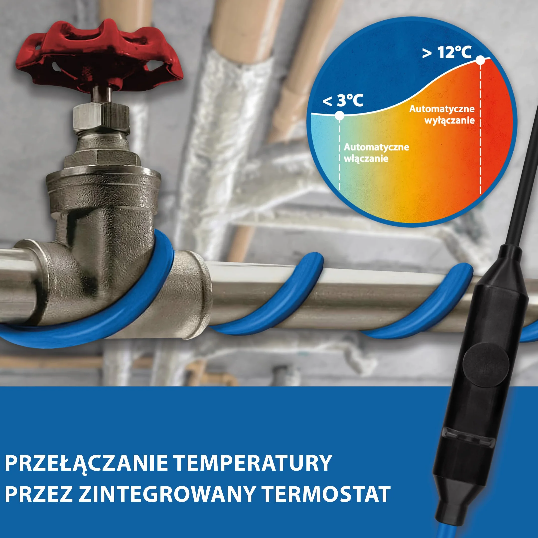 Kabel grzejny przeciwzamrożeniowy 15 W/m 12 m z termostatem +5°C/+15°C