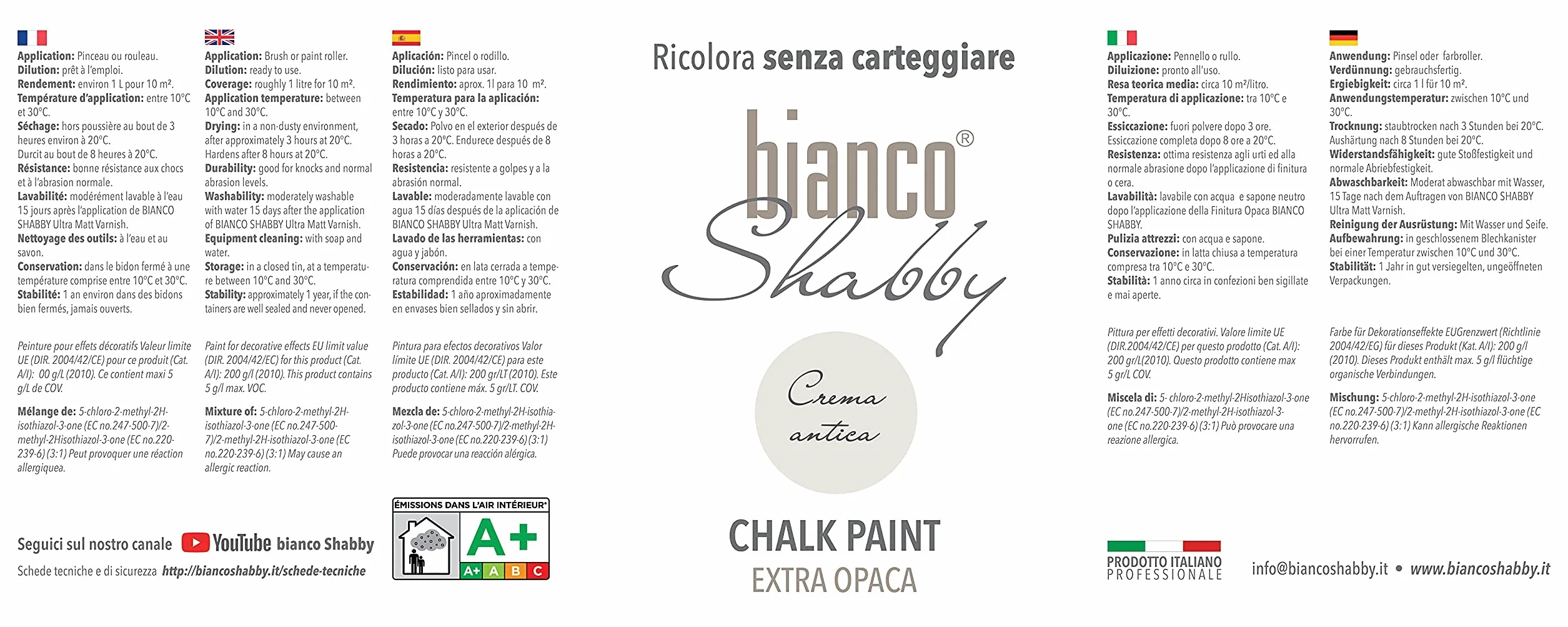 bianco Shabby® Crema Antica farba kredowa na bazie wody do wszystkich powierzchni – bardzo matowe wykończenie (1 litr)