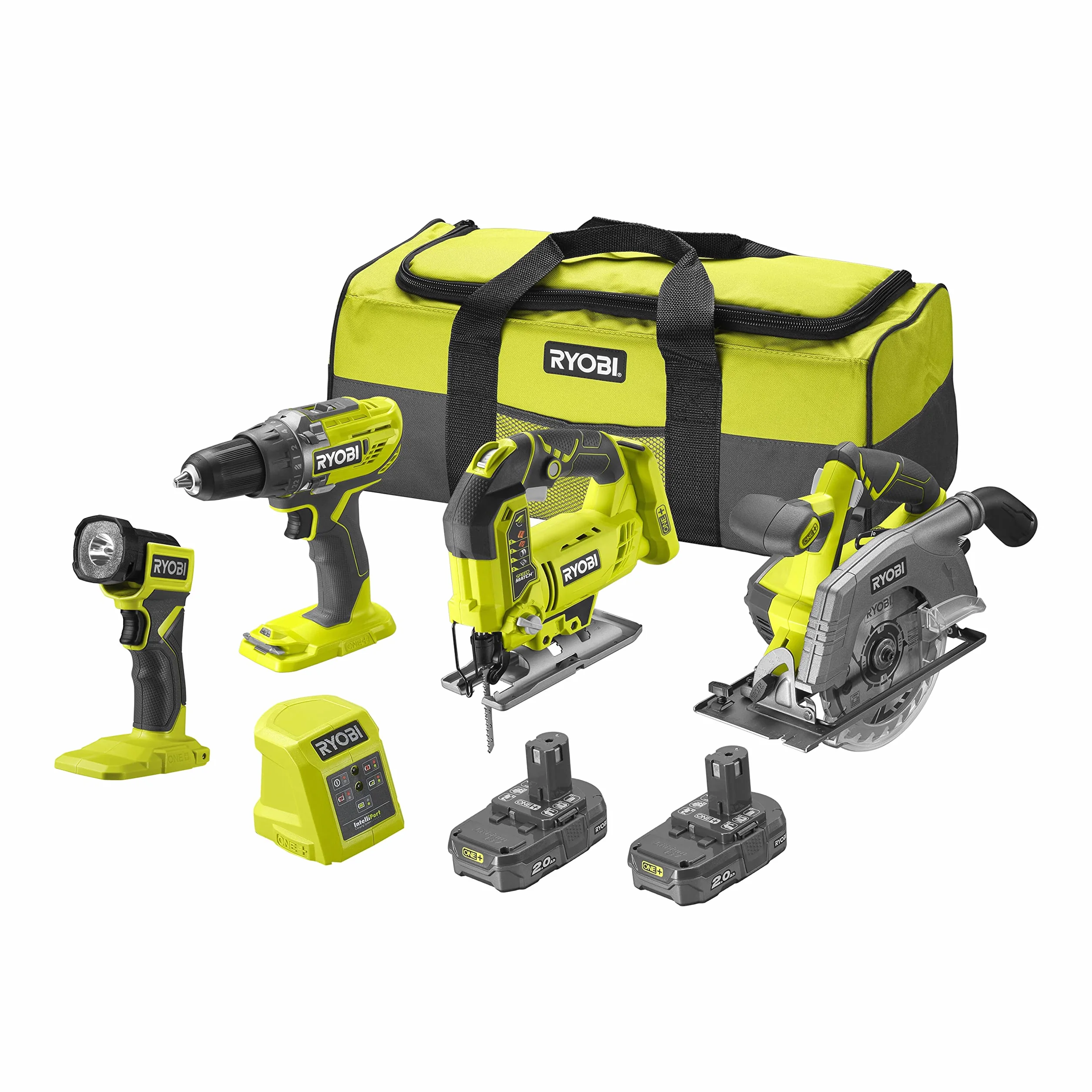 RYOBI - Zestaw 4 narzędzi 18 V ONE+: wiertarka + wyrzynarka + piła tarczowa + lampa LED + 2 baterie 2,0 Ah + ładowarka, 1 duża torba transportowa