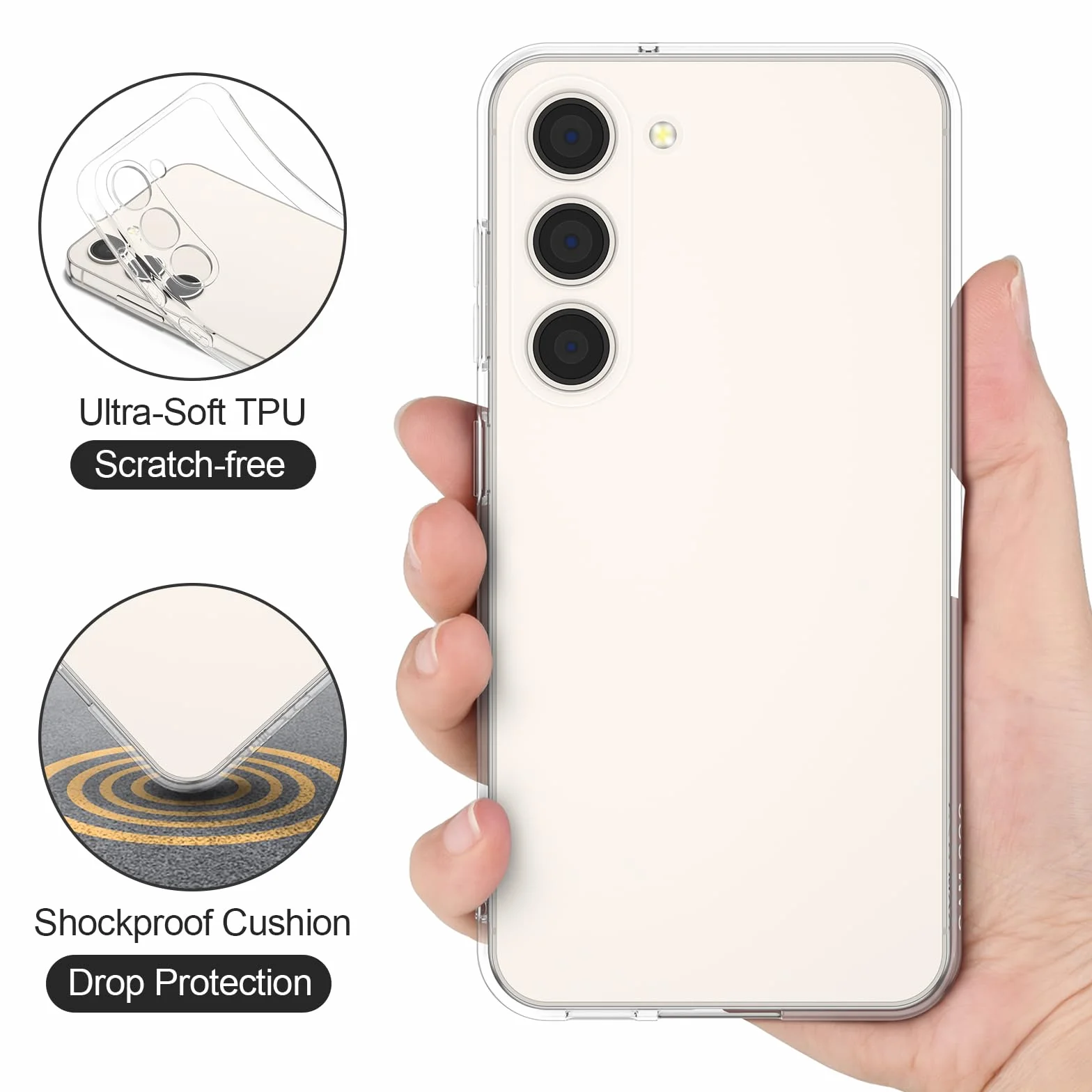 Vancle Etui na telefon Samsung Galaxy S23 z 2 szkłami pancernymi i 1 nylonową smyczą, przezroczyste etui na telefon komórkowy TPU