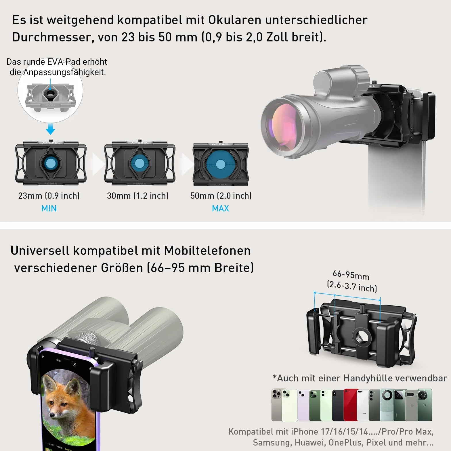 APEXEL Ulepszony uniwersalny adapter lunety z pilotem zwalniającym migawkę, obrót o 360°, kompatybilny z lornetką, monokularem i mikroskopem, adapter teleskopowy do smartfonów