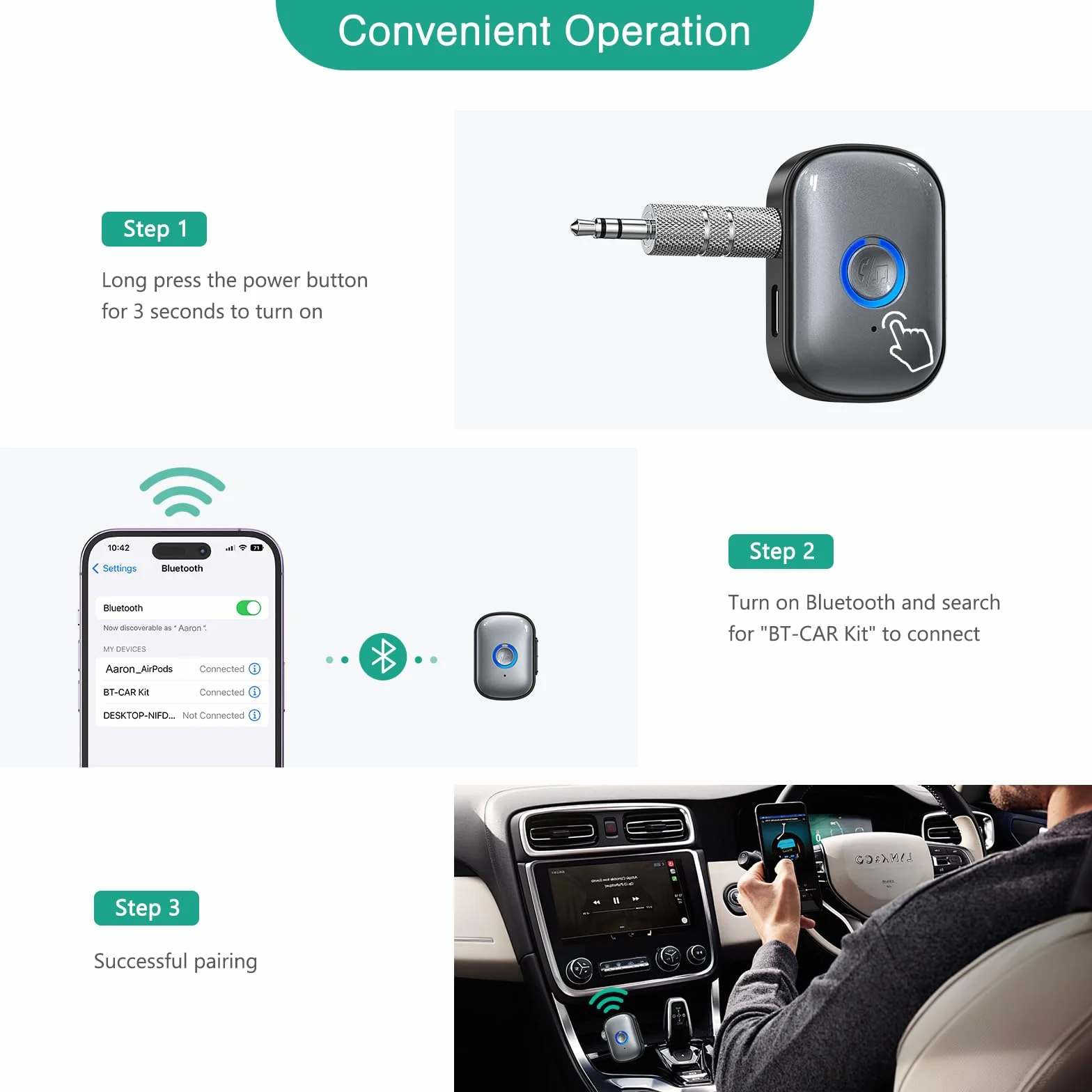 ORIA Odbiornik nadajnika Bluetooth 5.3, przenośny adapter audio AUX z redukcją szumów, plug and play, regulacja głośności, 3,5 mm odbiornik audio do samochodu/samolotu/słuchawek/głośnika