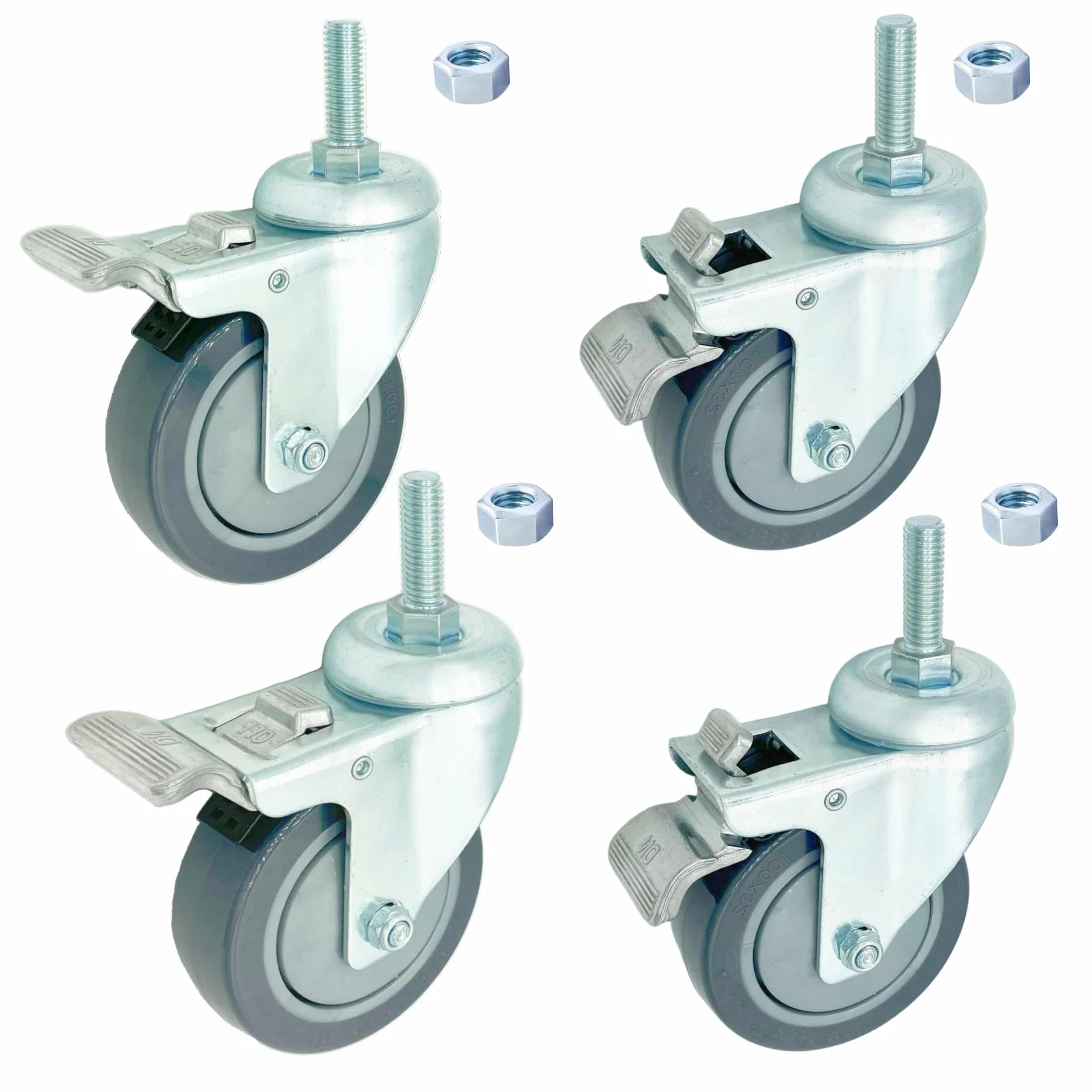 4-calowe kółka obrotowe o dużej wytrzymałości z aluminiowym hamulcem, zestaw 4 kółek z trzpieniem gwintowanym 1/2" x 13-1-1/2, szare koła poliuretanowe do szpitali, laboratoriów, mebli i restauracji
