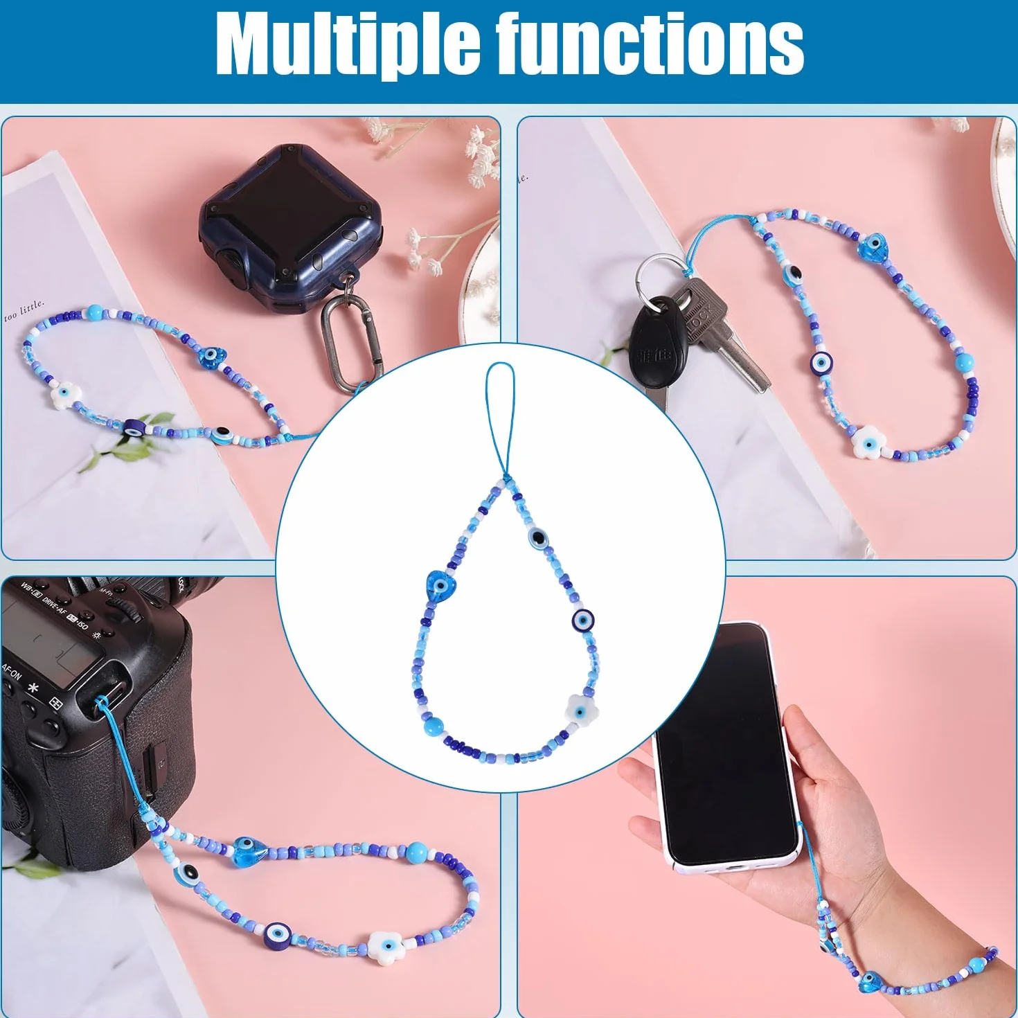 Evil Eye Zawieszka do Telefonu Komórkowego Beaded Lanyard Cell Phone Wristband Niebieski