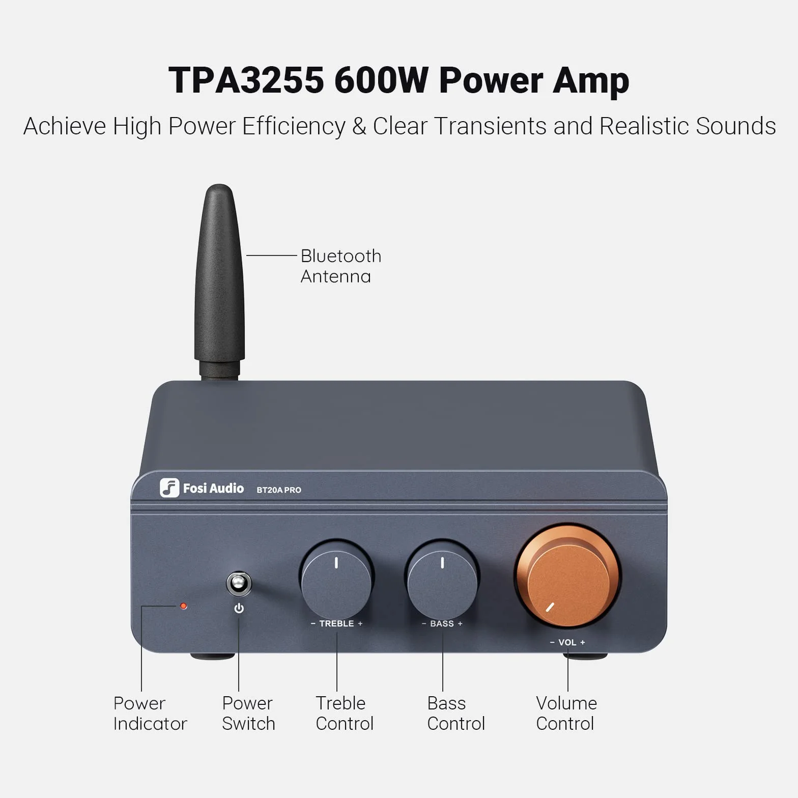Fosi Audio BT20A Pro 300W x2 TPA3255 Bluetooth 5.0 Wzmacniacz Stereo 2-Kanałowy Mini Hi-Fi Klasy D
