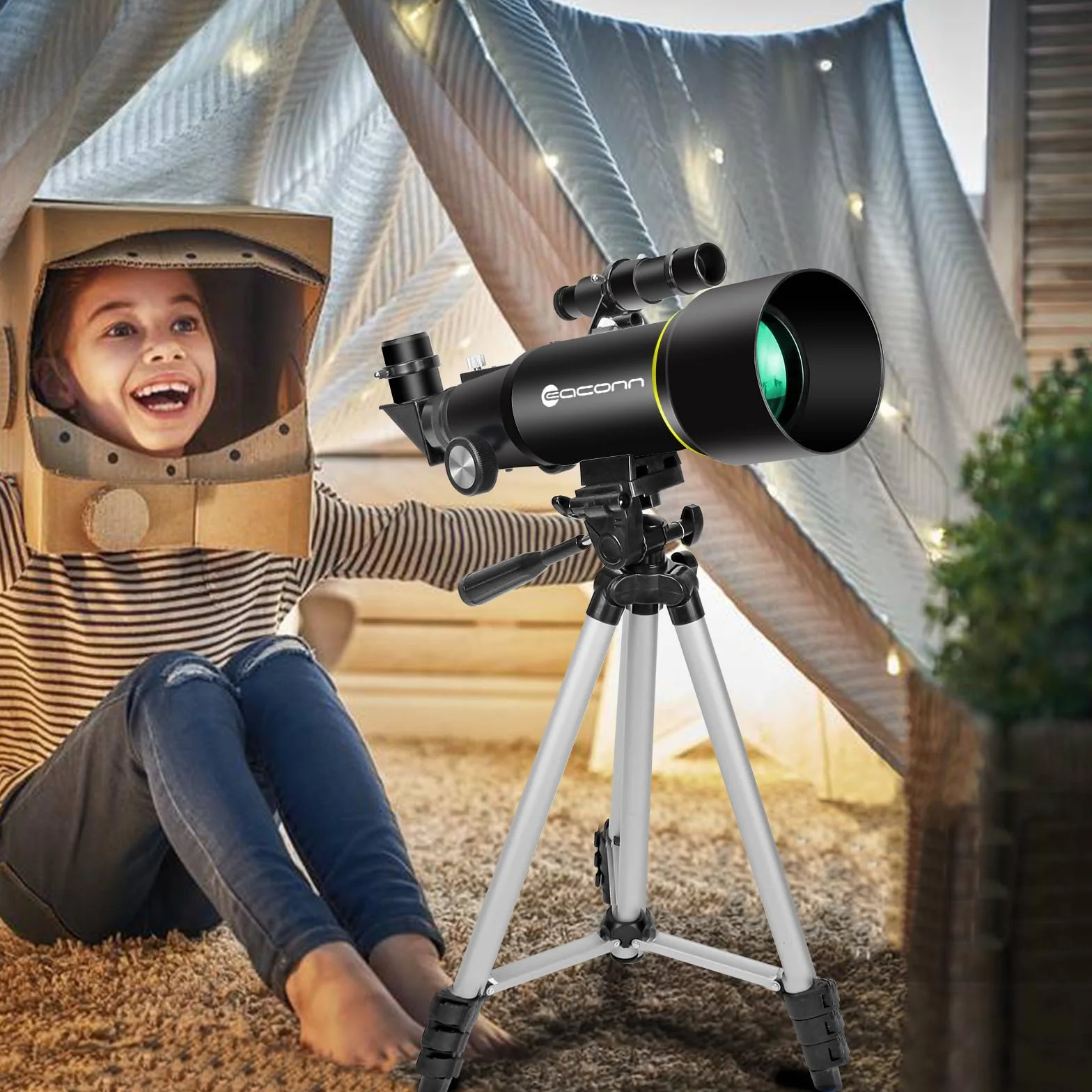 Teleskop dla dorosłych początkujących, otwarcie 70 mm, 400 mm, wsparcie AZ, wielopowłokowy refraktor optyczny, podróżny ze statywem, adapter do telefonu (czarny)