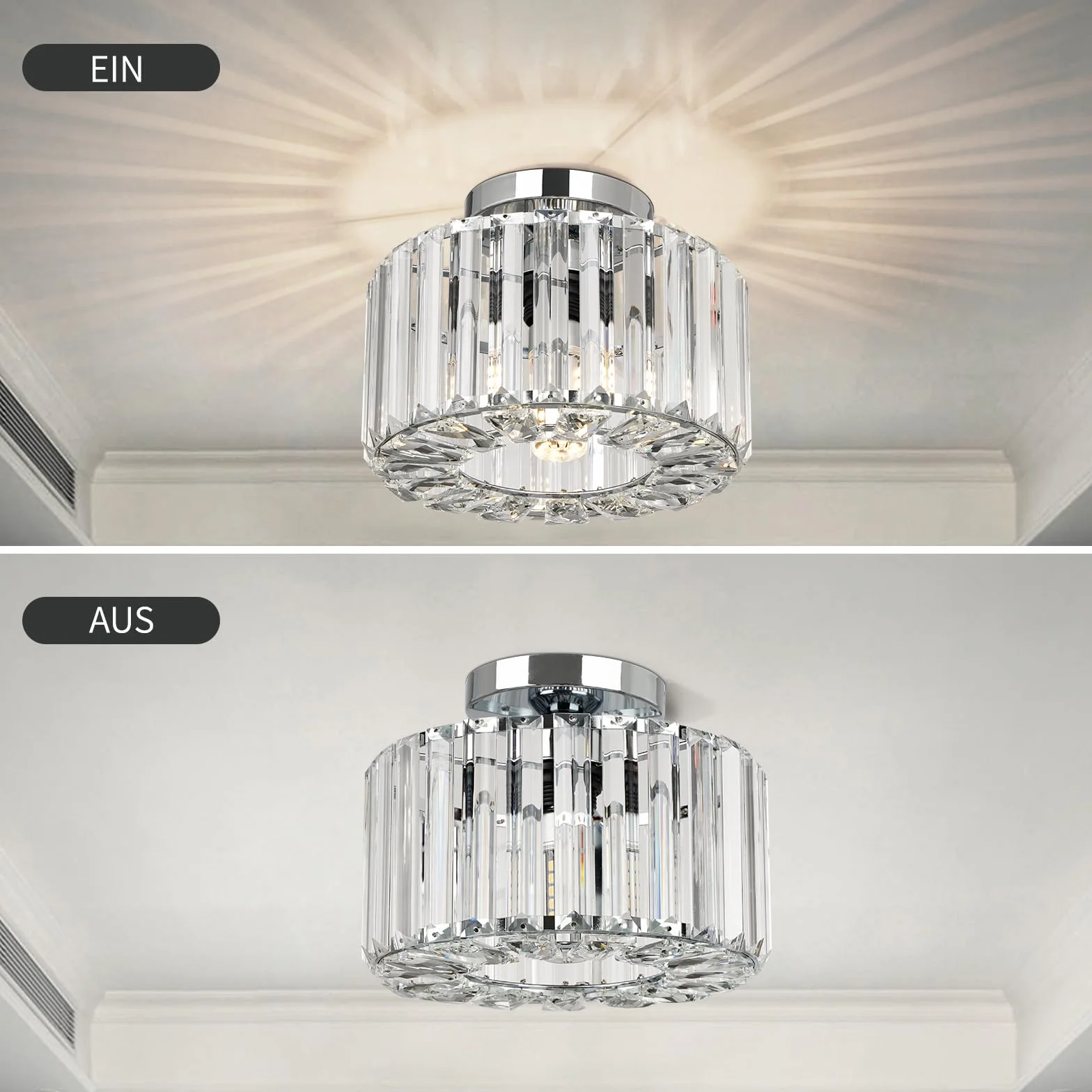 Frideko Home Nowoczesna kryształowa lampa sufitowa Vintage K9 żyrandol, metalowa abażur, E27, chrom, Ø 22 cm
