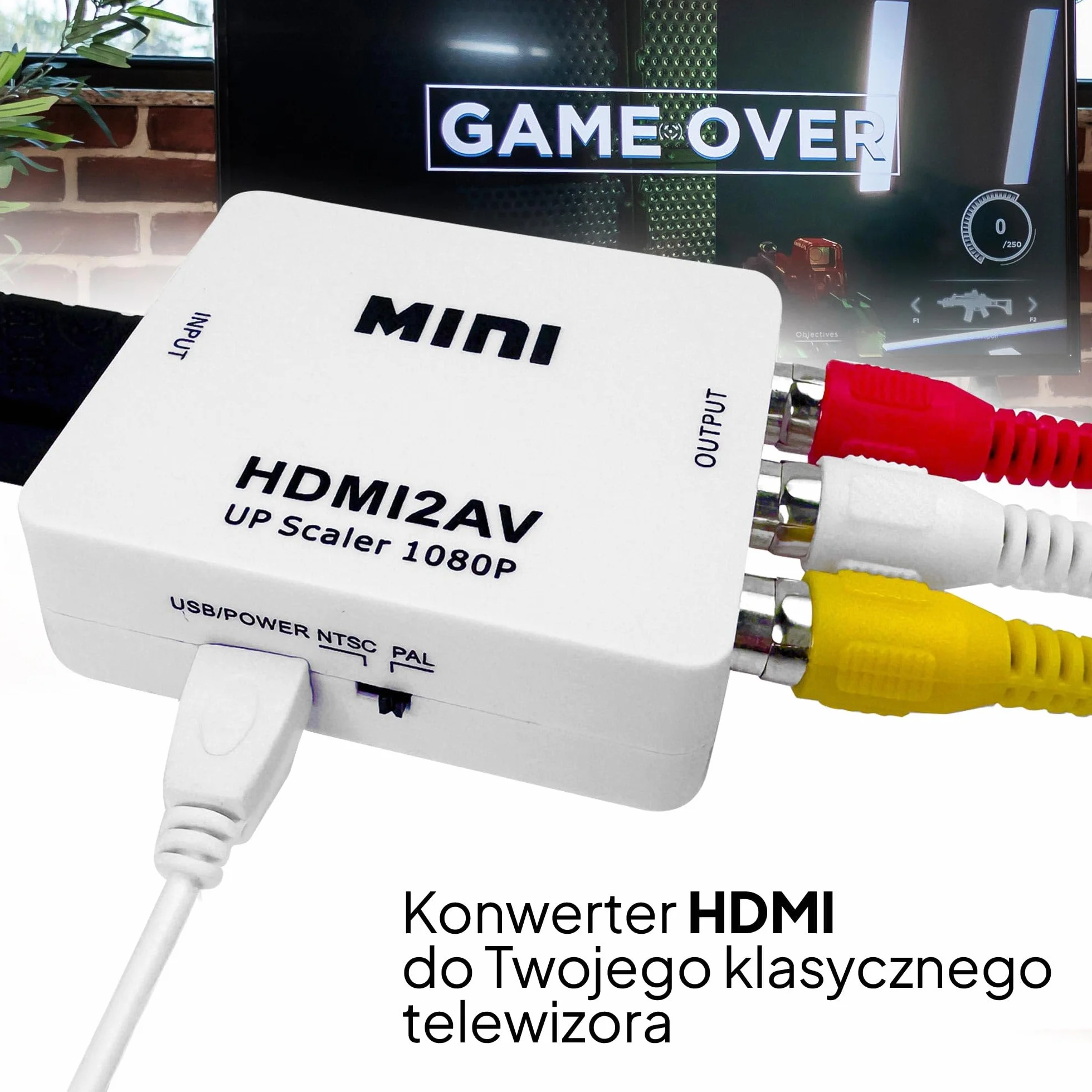 OcioDual Adapter HDMI do RCA, konwerter HDMI do AV, 1080p PAL/NTSC, biały