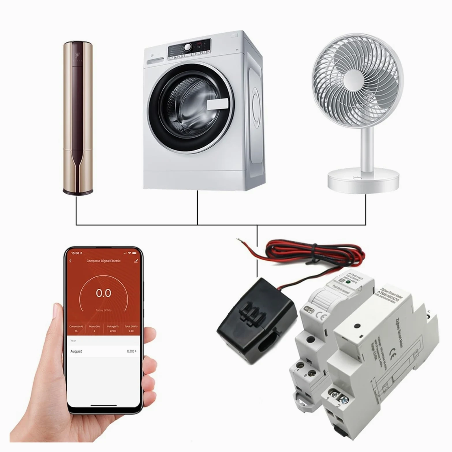Tuya Smart WiFi Zigbee Licznik Energii Elektrycznej KWH Na Szynę Din Jednofazowy AC 50A 63A CT Miernik Prądu Przemiennego Aplikacja Monitor W Czasie Rzeczywistym Moc Monitorowanie Energii(Wifi,63A)