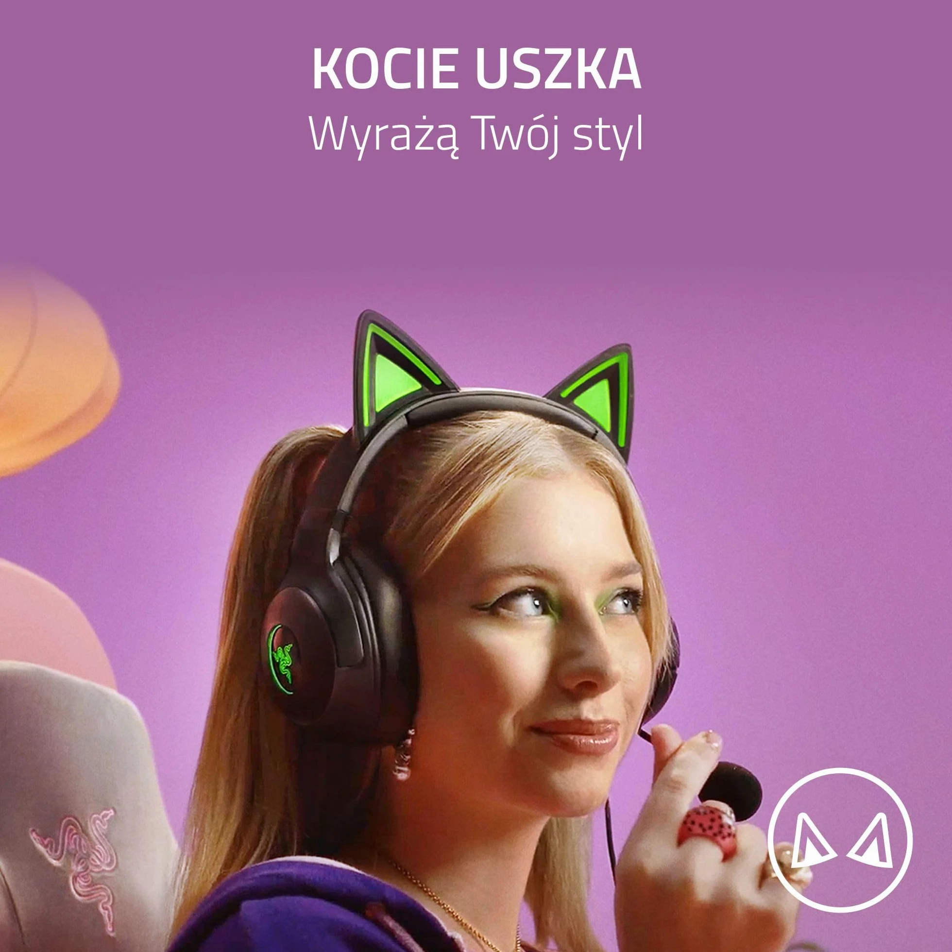 Razer Kraken Kitty V2 - Przewodowy zestaw słuchawkowy RGB z kocimi uszami (oświetlenie reaktywne Stream, HyperClear Micro Cardioid, Przetworniki Triforce 40mm, 7.1 dźwięk przestrzenny) Czarny