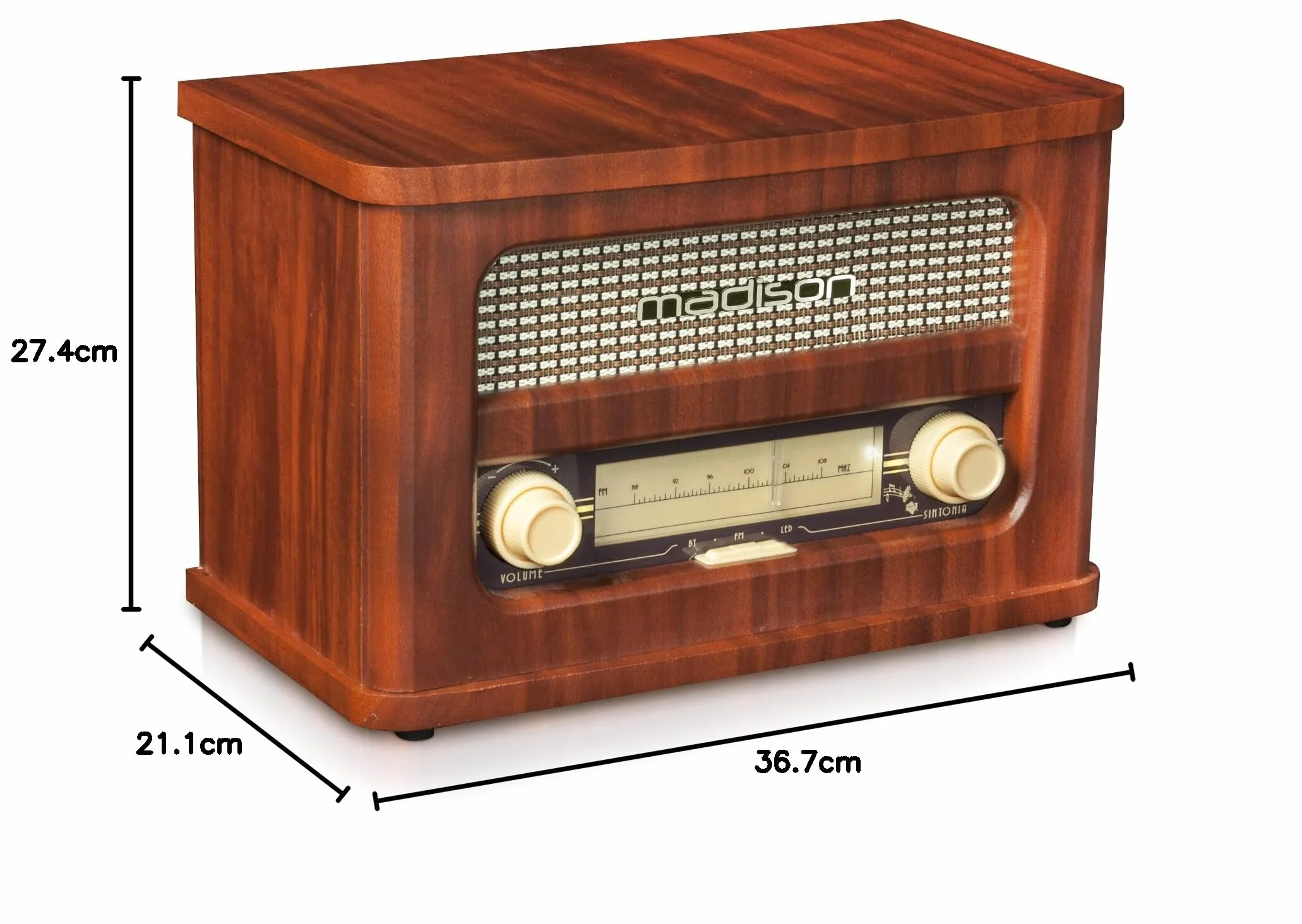 Madison MAD-RETRORADIO Vintage Radio Bateryjne FM Bluetooth AUX-IN 10W Wykończenie Drewniane