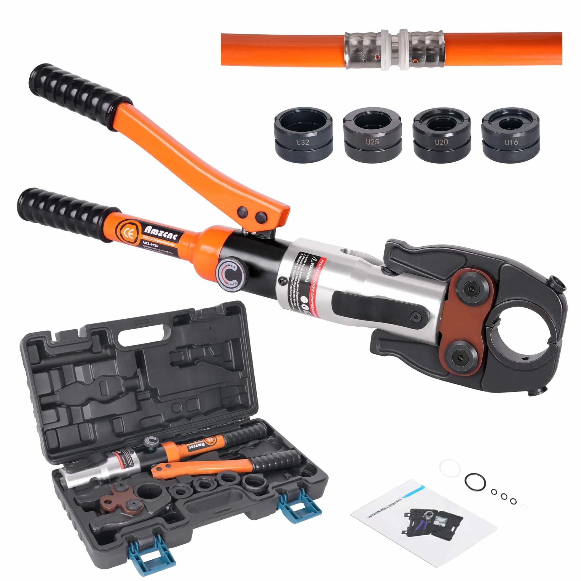 AMZCNC Szczypce do zaciskania konturów U, hydrauliczne narzędzie do prasowania z zestawem 16-20-25-32 mm, do rur kompozytowych z okuciami, roczna