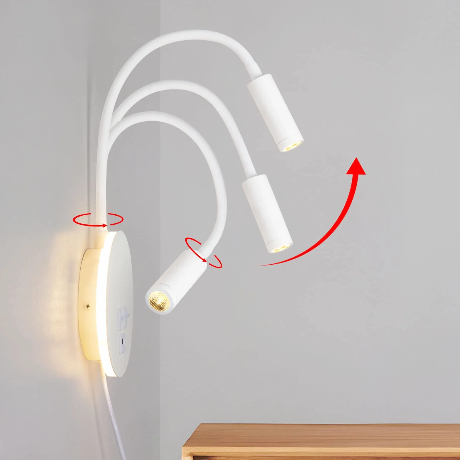 ERWEY Lampka do czytania na łóżku, lampa do czytania, montaż ścienny, 3 W + 8 W, lampka do łóżka z przełącznikiem i ładowaniem USB, lampa ścienna LED do czytania, obracana o 360°, z wtyczką i kablem