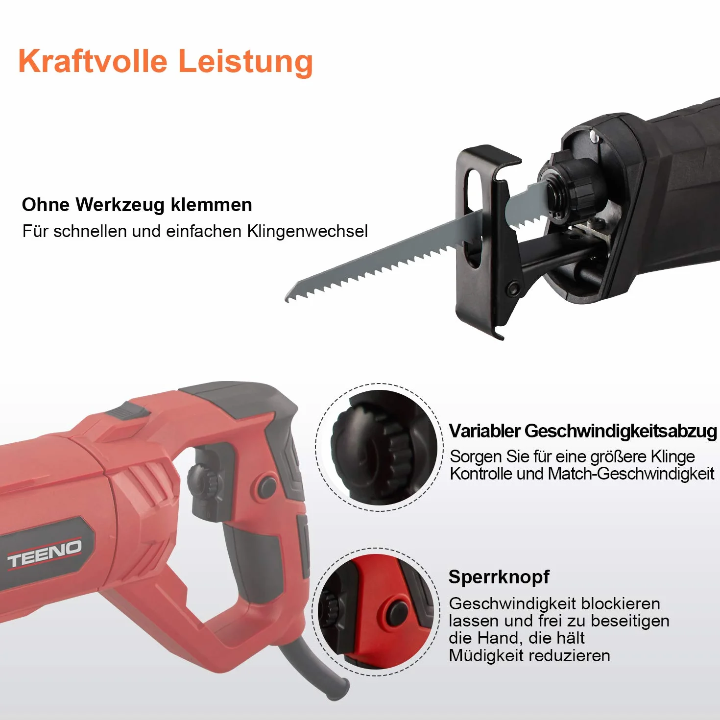 TEENO Piła szablasta 850 W, wielofunkcyjna piła z diodami LED, obrotowy uchwyt, prędkość 0-2800 SPM, z 2 brzeszczotami: do drewna i metalu
