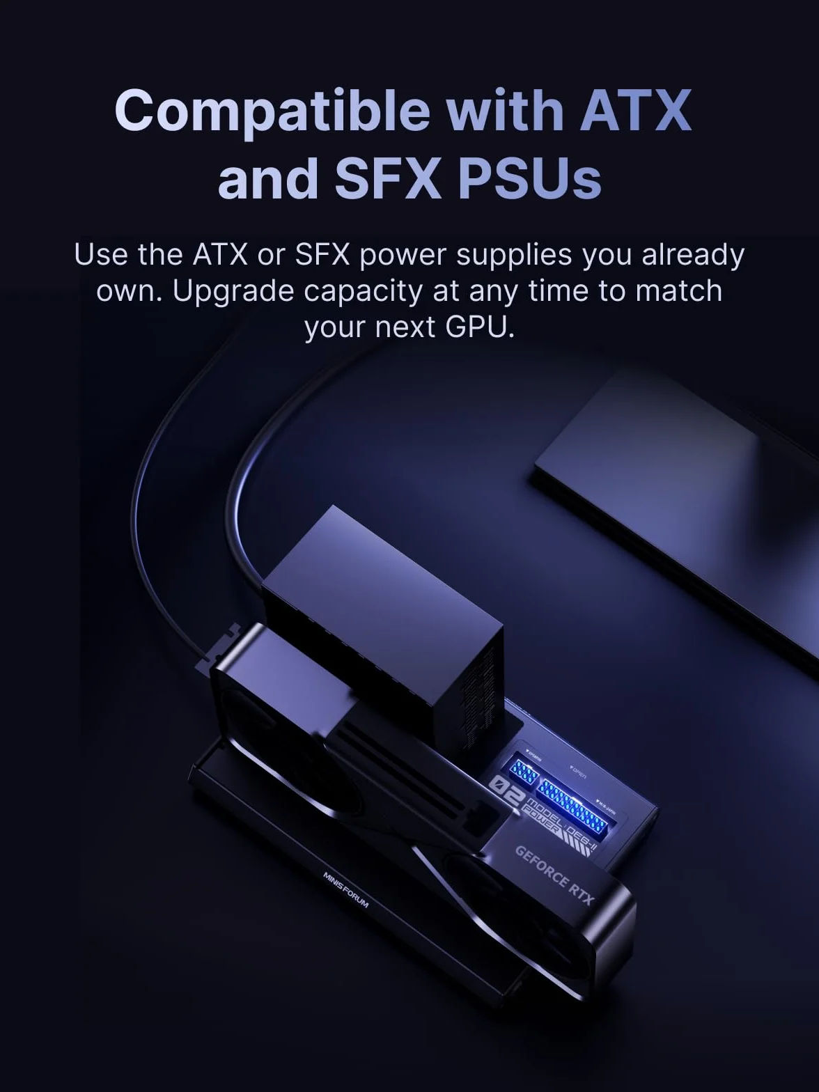 MINISFORUM DEG2 Thunderbolt 5 (80 Gb/s, 140 W) i stacja dokująca OCuLink eGPU, PCIe x16, z gniazdem M.2 NVMe, obsługuje zasilacze ATX/SFX