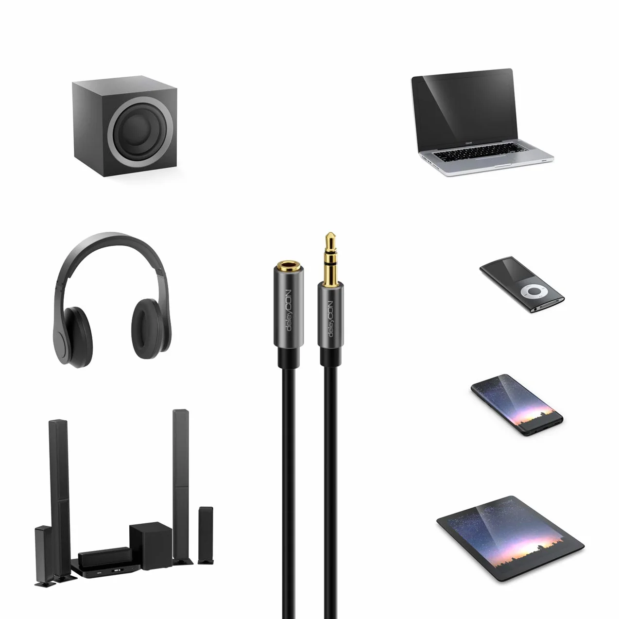 deleyCON 1m Kabel Audio Stereo AUX Klinke Przedłużacz 3,5mm Przewód Audio Przedłużenie Metalowe Wtyki Telefon Smartfon Tablet Słuchawki HiFi Odbiornik (Extra Cienki & Elastyczny)