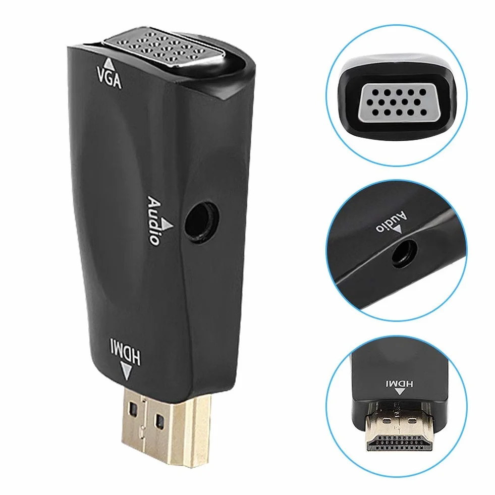 Adapter HDMI do VGA 1080P HDMI żeński na VGA żeński konwerter z kablem wyjściowym audio 3,5 mm (czarny)
