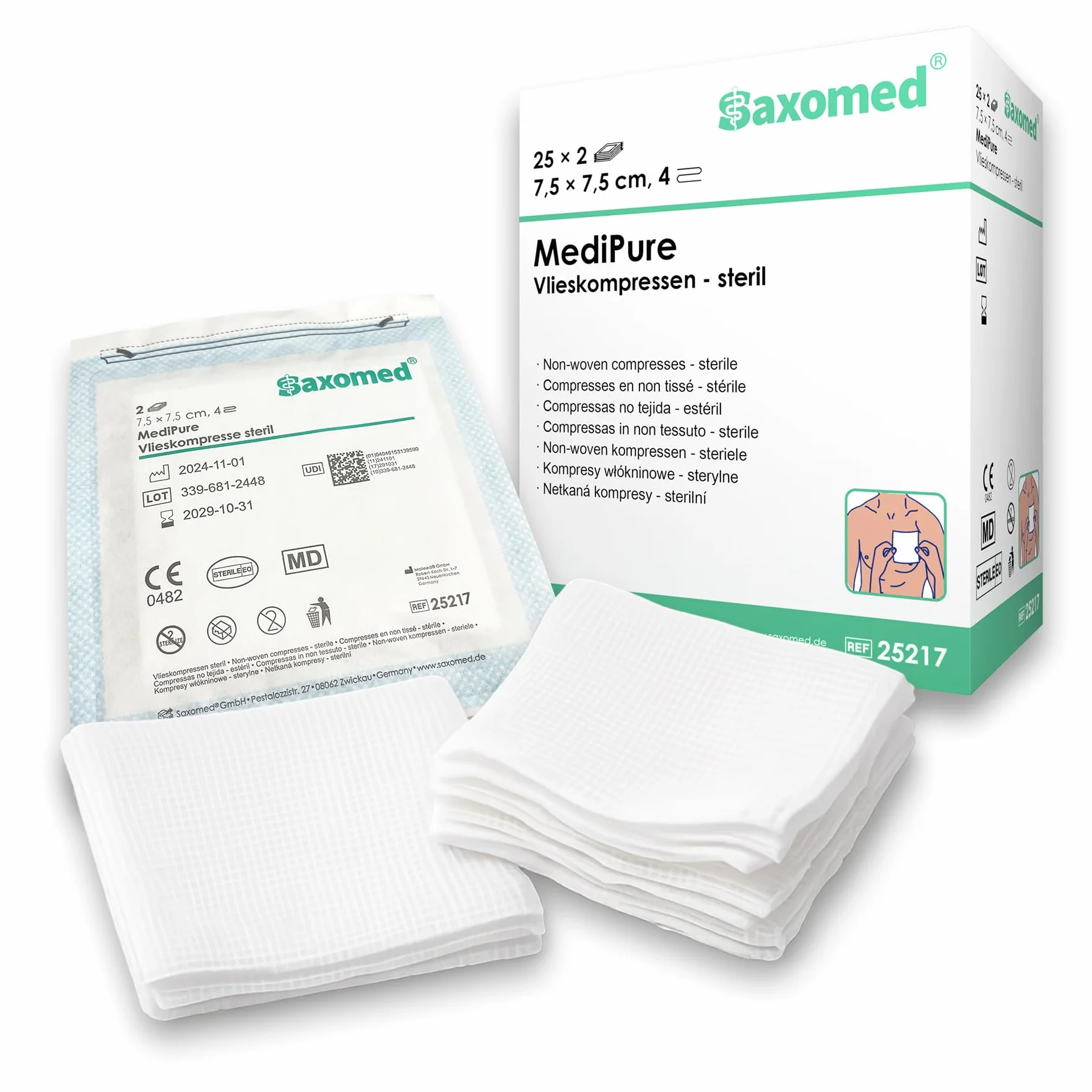 Sterylne kompresy 7,5 x 7,5 cm - 50 sztuk kompresów na rany, kompresy ssące, 7,5 x 7,5 sterylne nakładki na rany, nieprzylegające, idealne do pierwszej pomocy i pielęgnacji